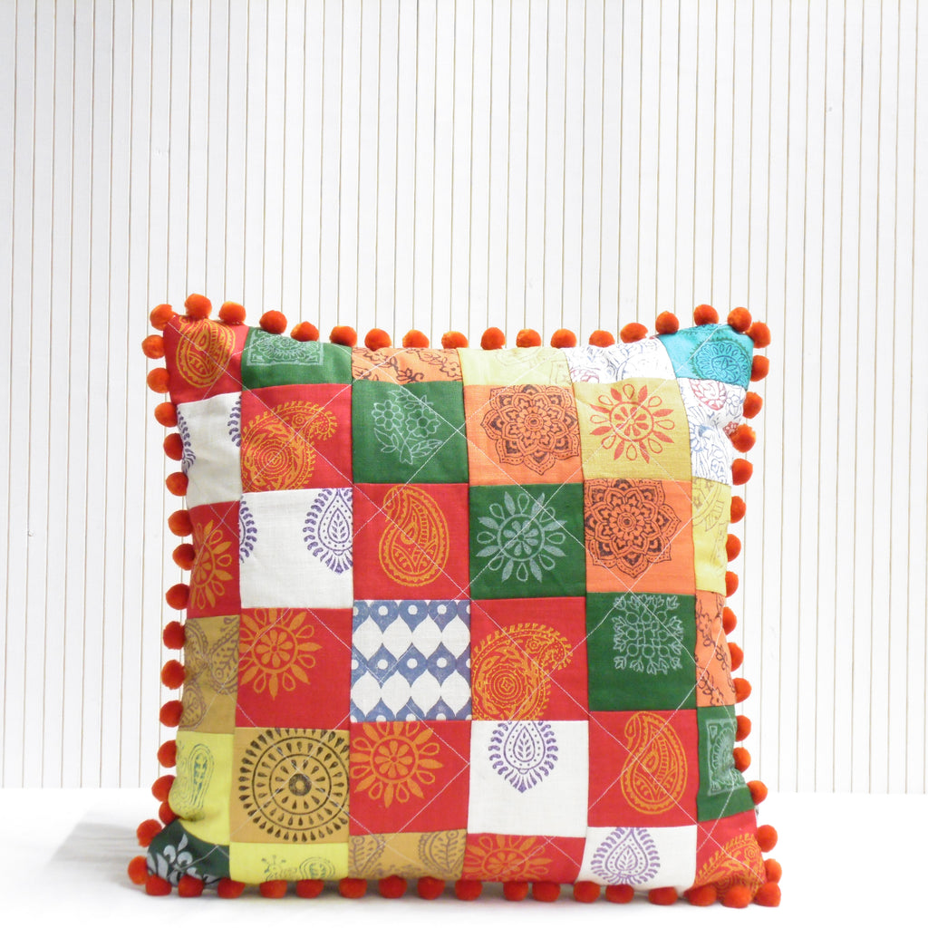 Hand Block Printed Square Cushion - Mela Magic Patchwork