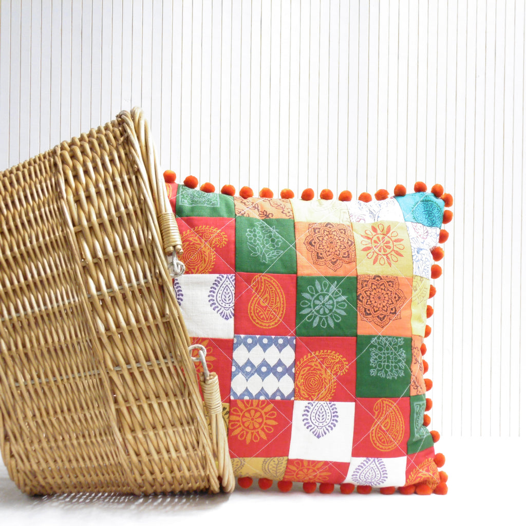 Hand Block Printed Square Cushion - Mela Magic Patchwork
