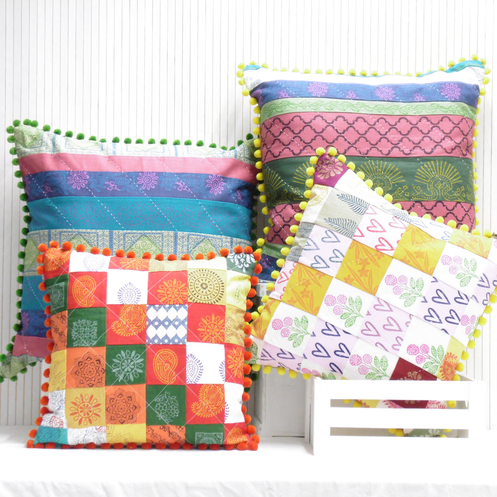 Hand Block Printed Square Cushion - Mela Magic Patchwork