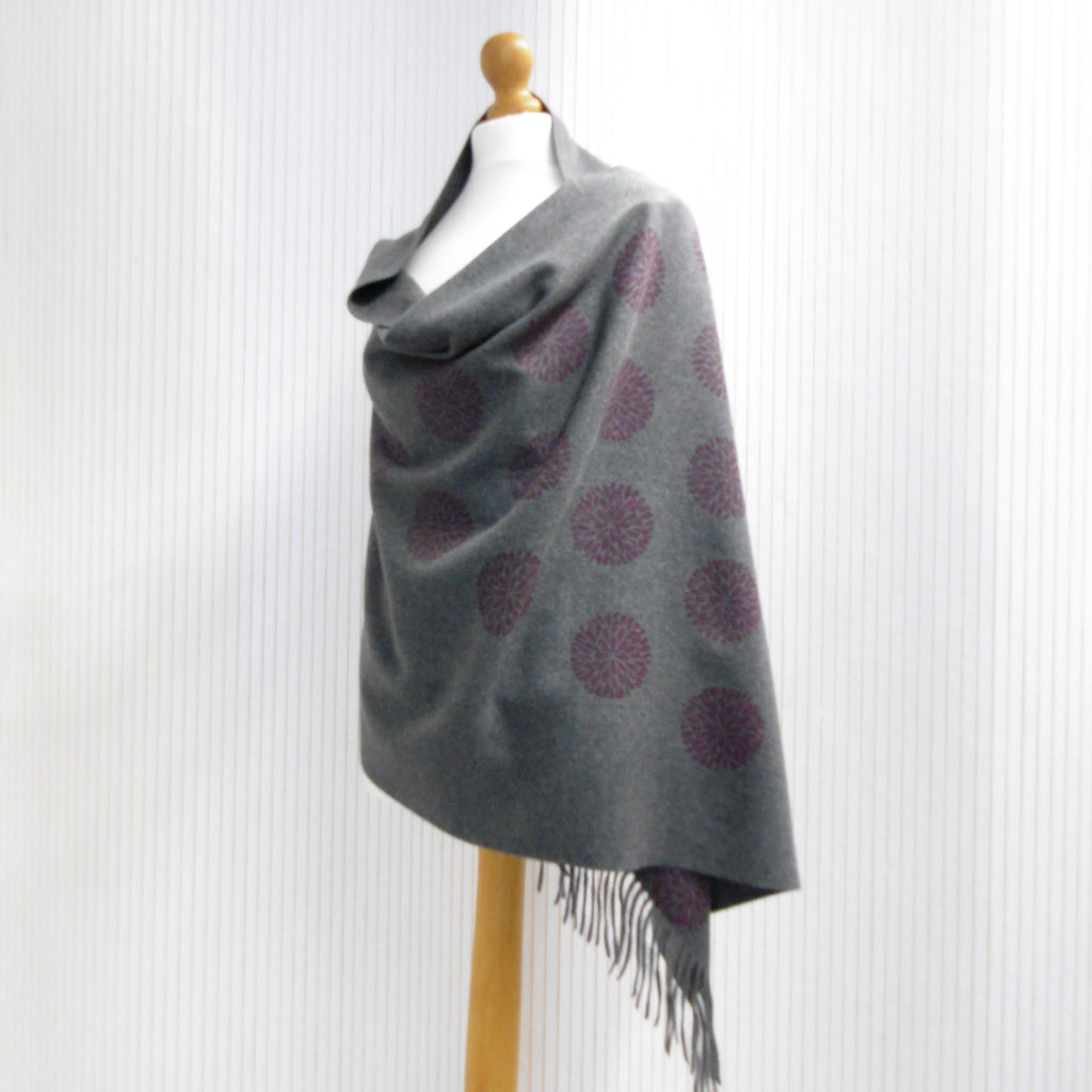 Hand Block Printed Chunky Cashmere Blend Winter Shawl - Riwayat Dahlia Print