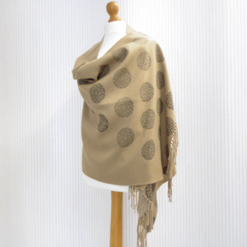 Hand Block Printed Chunky Cashmere Blend Winter Shawl - Riwayat Dahlia Print