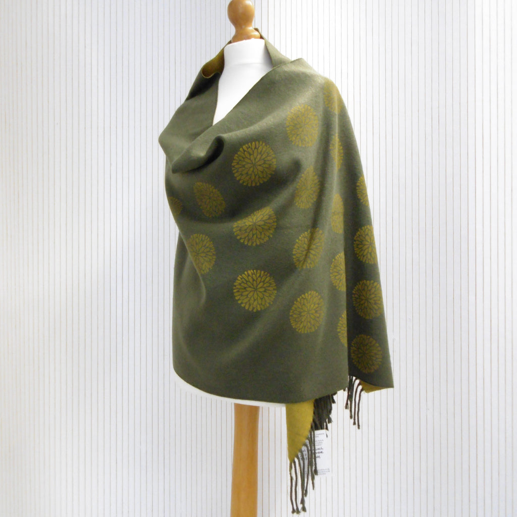 Hand Block Printed Chunky Cashmere Blend Winter Shawl - Riwayat Dahlia Print