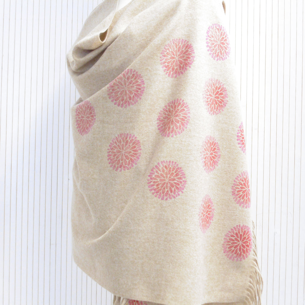 Hand Block Printed Chunky Cashmere Blend Winter Shawl - Riwayat Dahlia Print