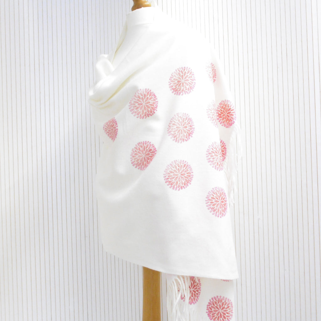Hand Block Printed Chunky Cashmere Blend Winter Shawl - Riwayat Dahlia Print