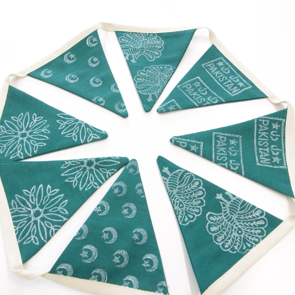 Hand block printed Pakistan Independence Day linen bunting with Dil Dil Pakistan stamp and star motifs