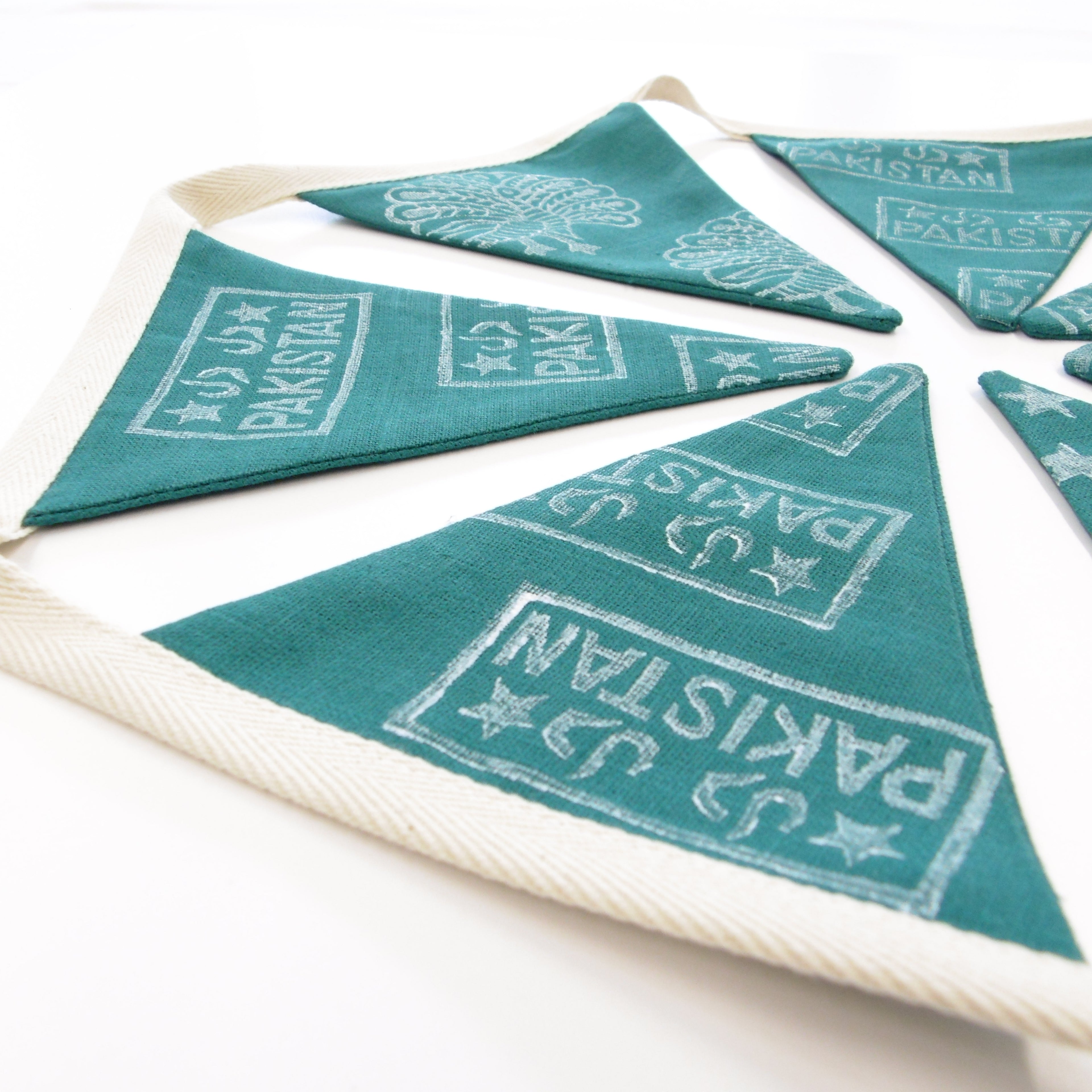 Green Bunting, Hand Block Printed Linen Flag Garland, Pakistan Independence Day