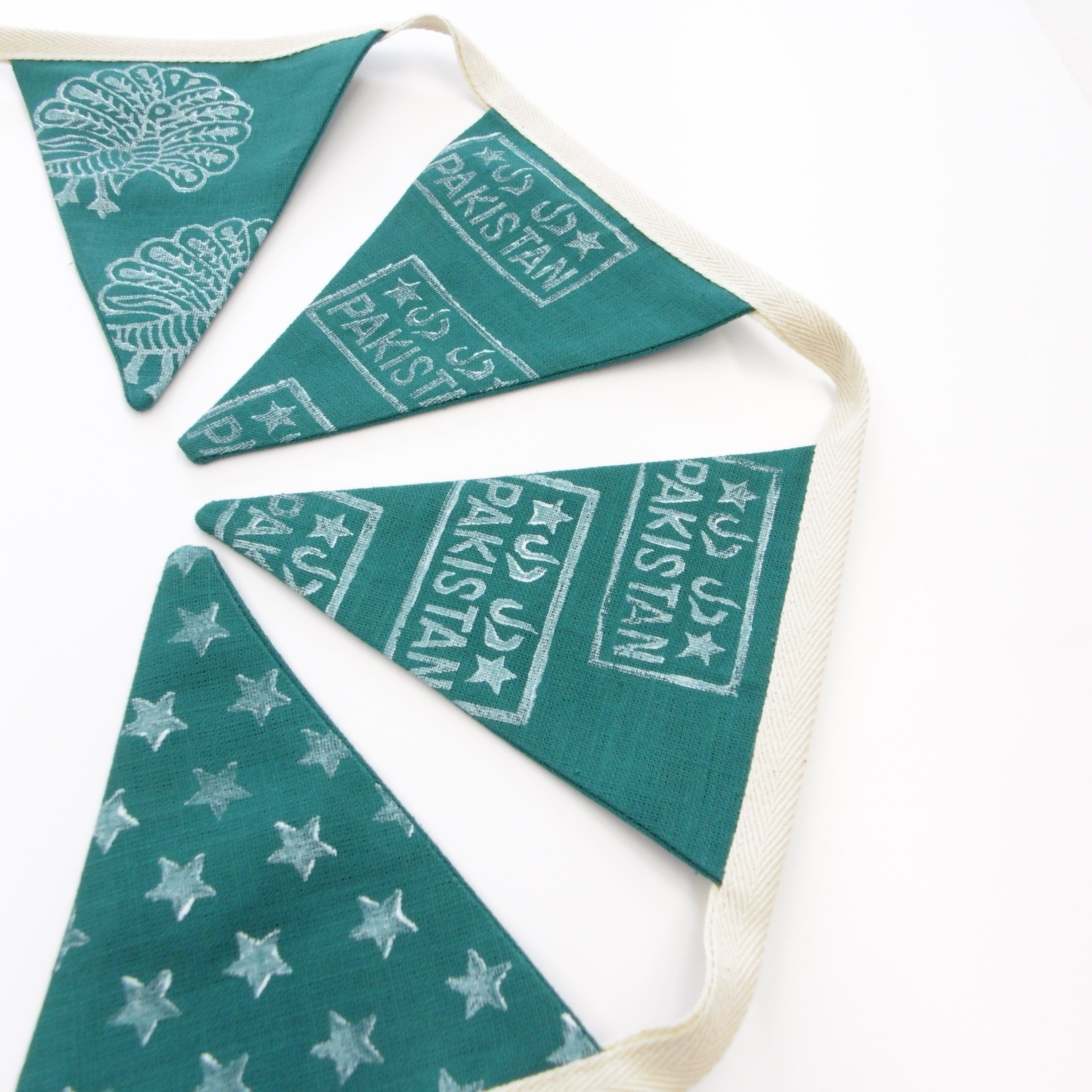 Green Bunting, Hand Block Printed Linen Flag Garland, Pakistan Independence Day