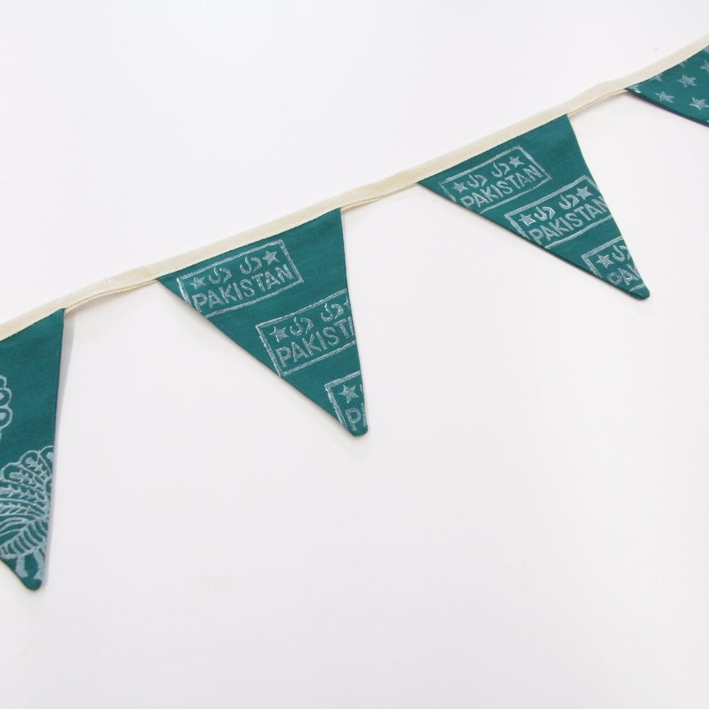 Green Bunting, Hand Block Printed Linen Flag Garland, Pakistan Independence Day