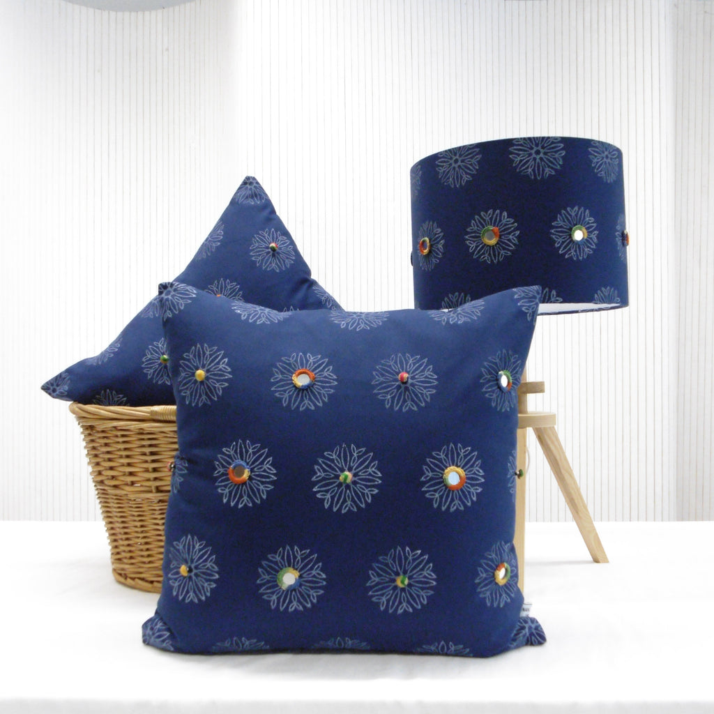 Hand block printed navy cushion covers and matching lampshade with mirror work and decorative buttons, Sheesh Mahal design by Naila Ahmad London