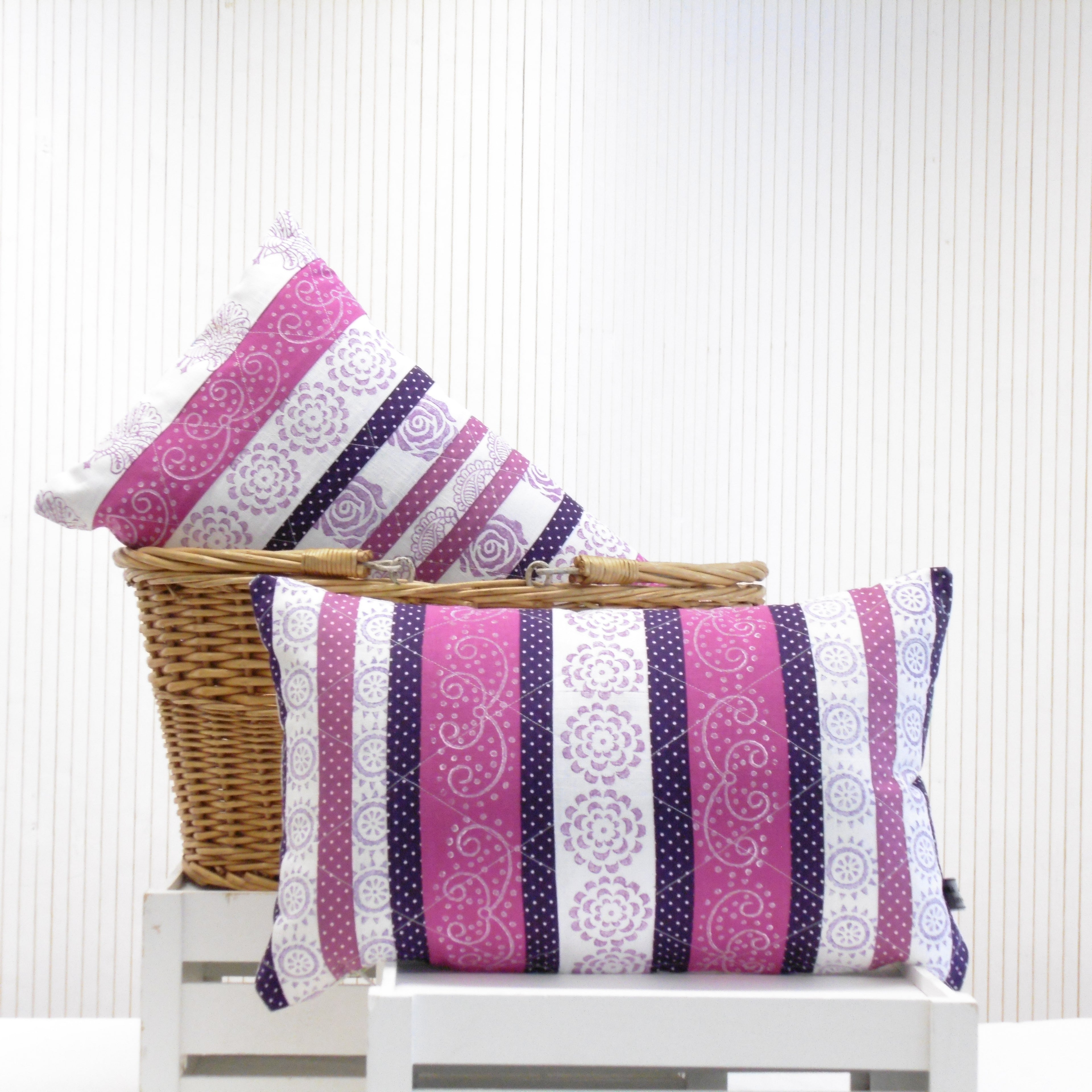Hand Block Printed Rectangular Cushion Patchwork Striped - Jashn Cushions