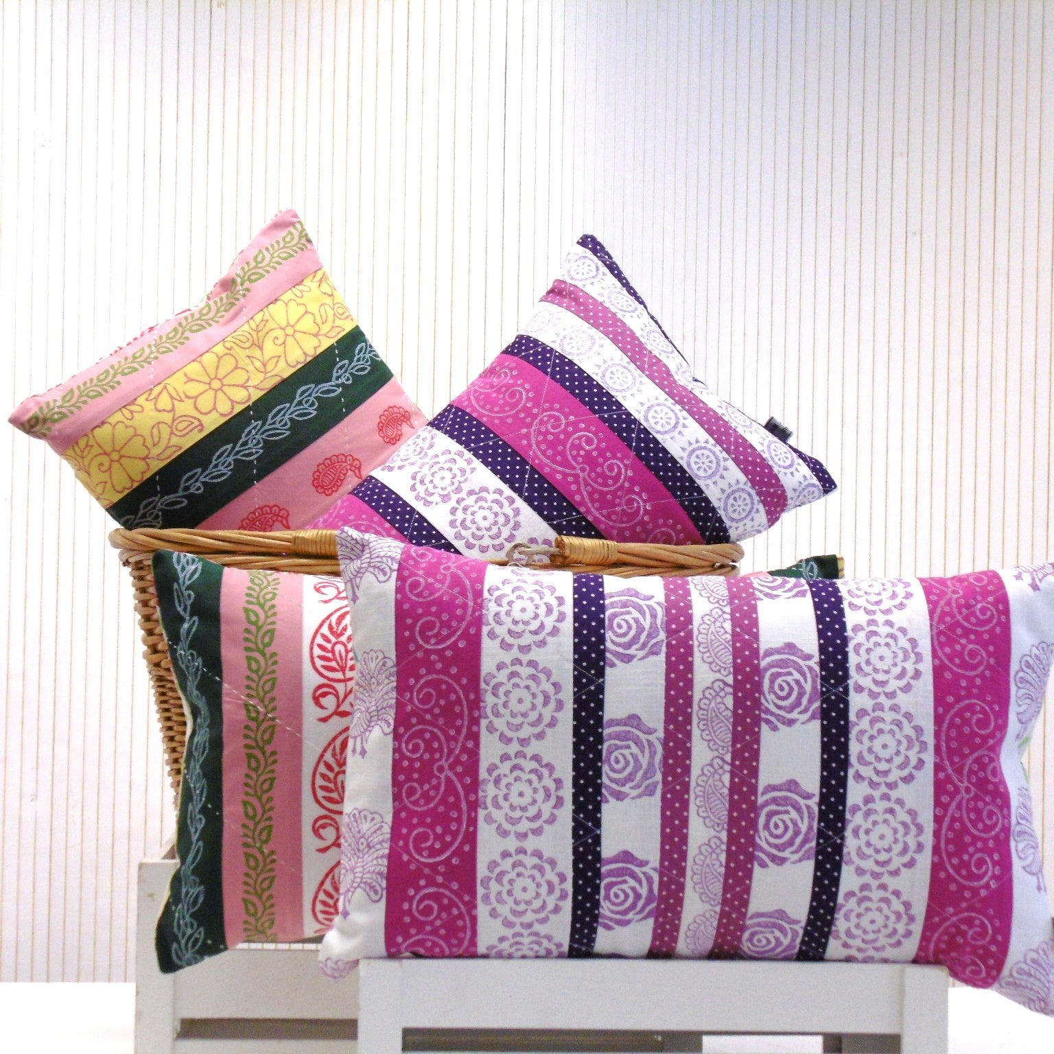 Hand Block Printed Rectangular Cushion Patchwork Striped - Jashn Cushions