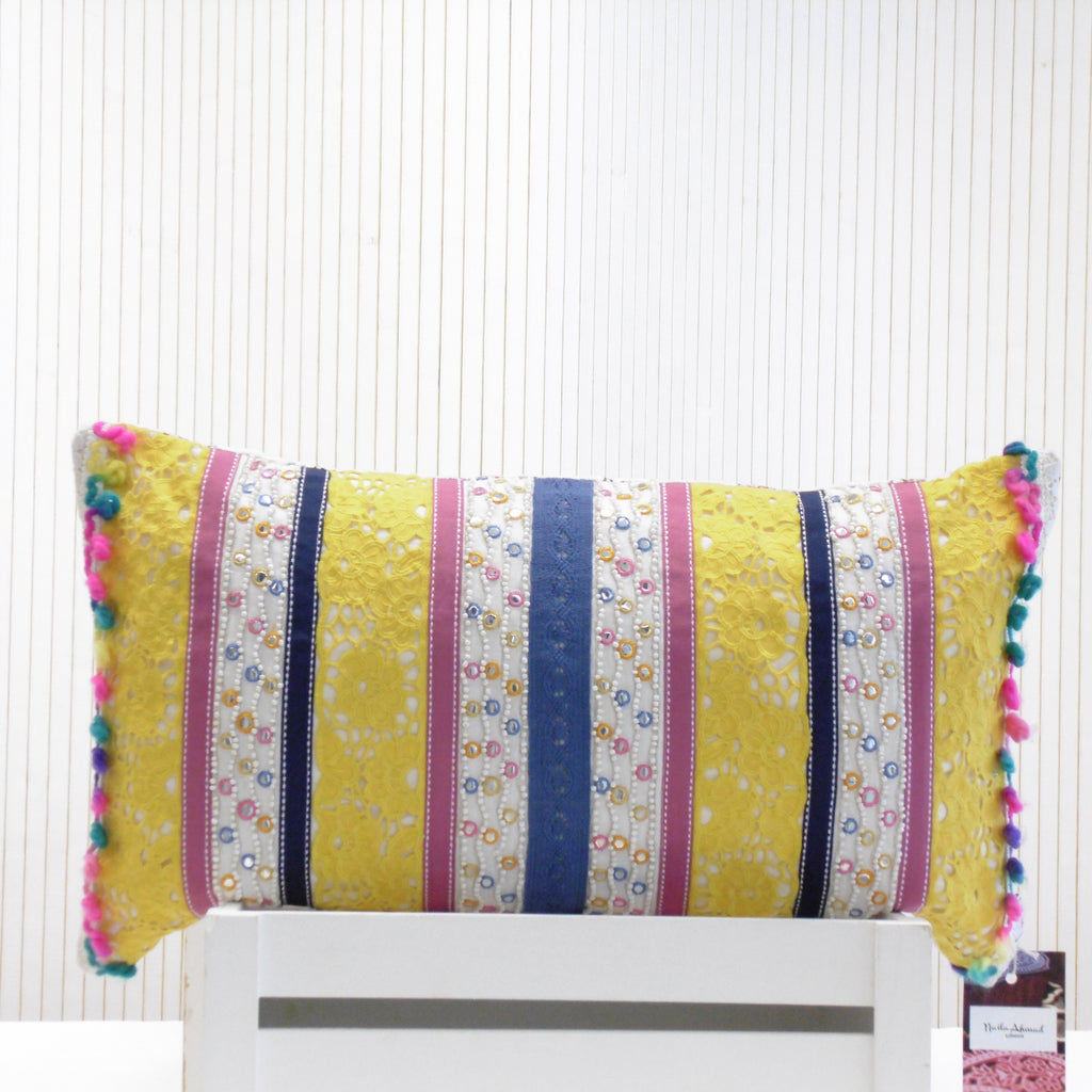 Hand Block Printed Rectangular Cushion Patchwork Striped - Jashn Cushions