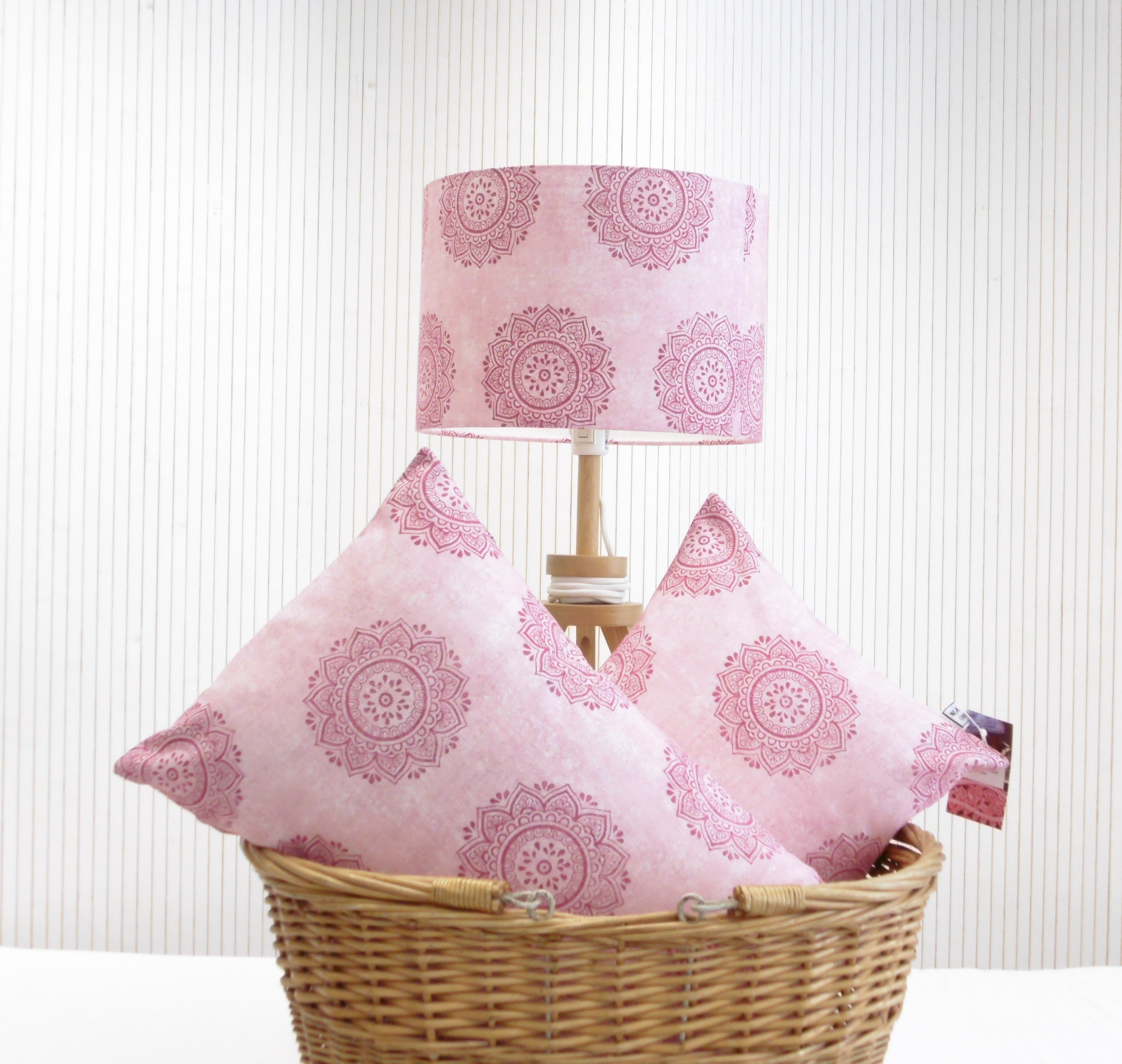 Gulabi Aangan pink mandala home set with pair of oblong cushions and matching lampshade, hand block printed by Naila Ahmad London