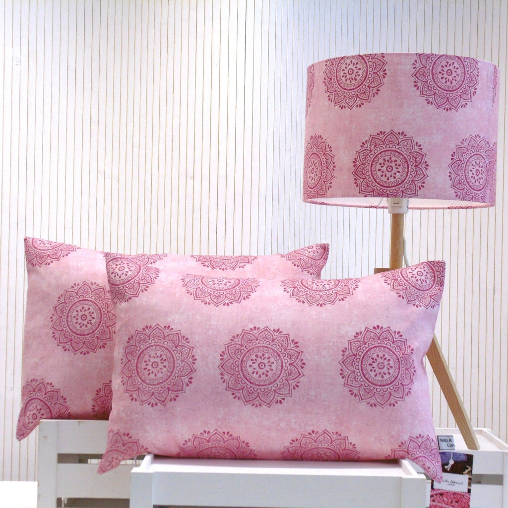 Hand block printed pink mandala oblong cushions and lampshade set, Gulabi Aangan by Naila Ahmad London