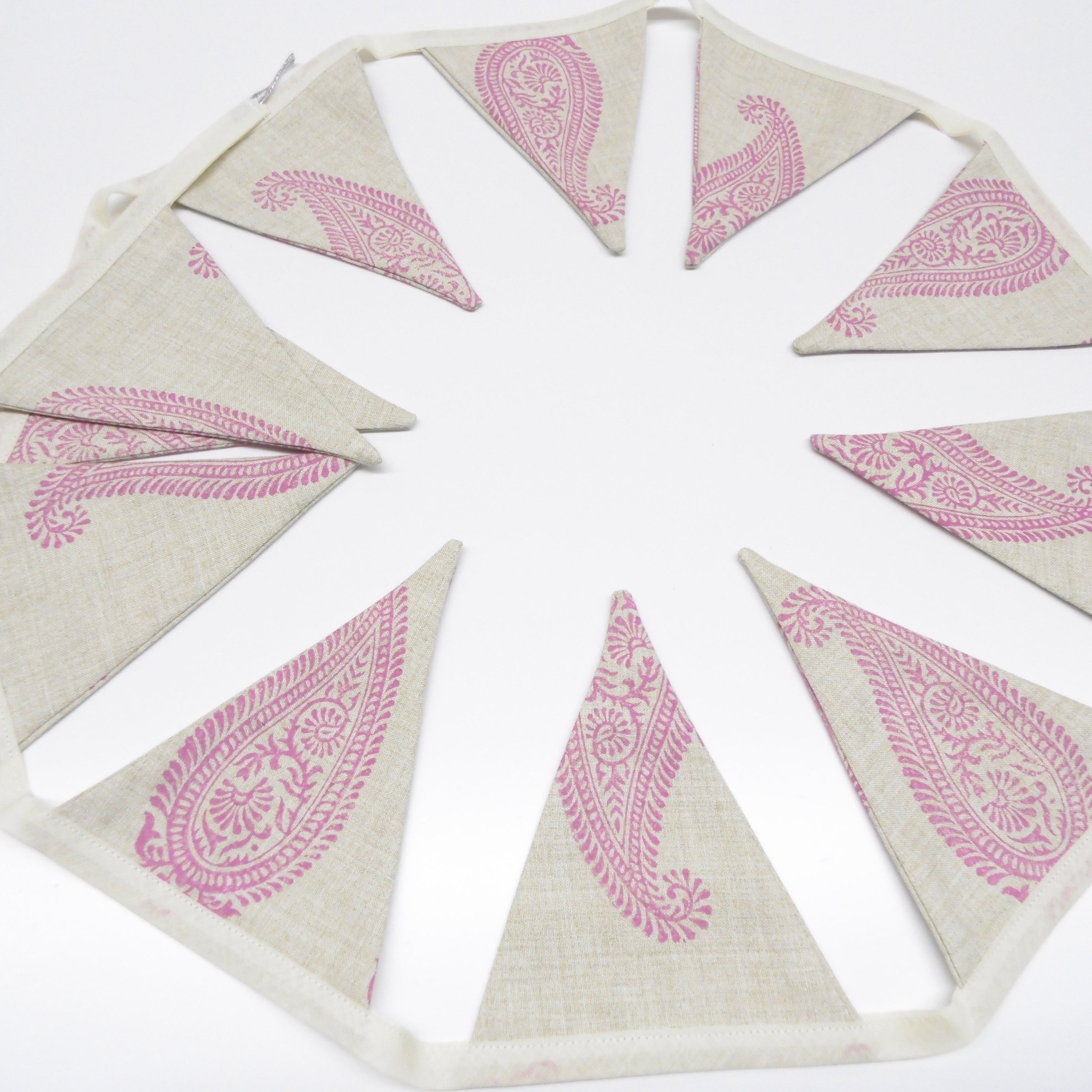 Full length pink paisley hand block printed linen flag garland hanging elegantly