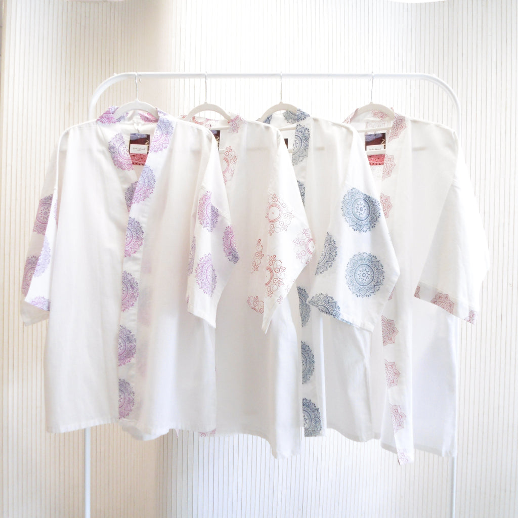 Hand Block Printed White Kimono Style Jacket, Free Size, Subh e Roshan