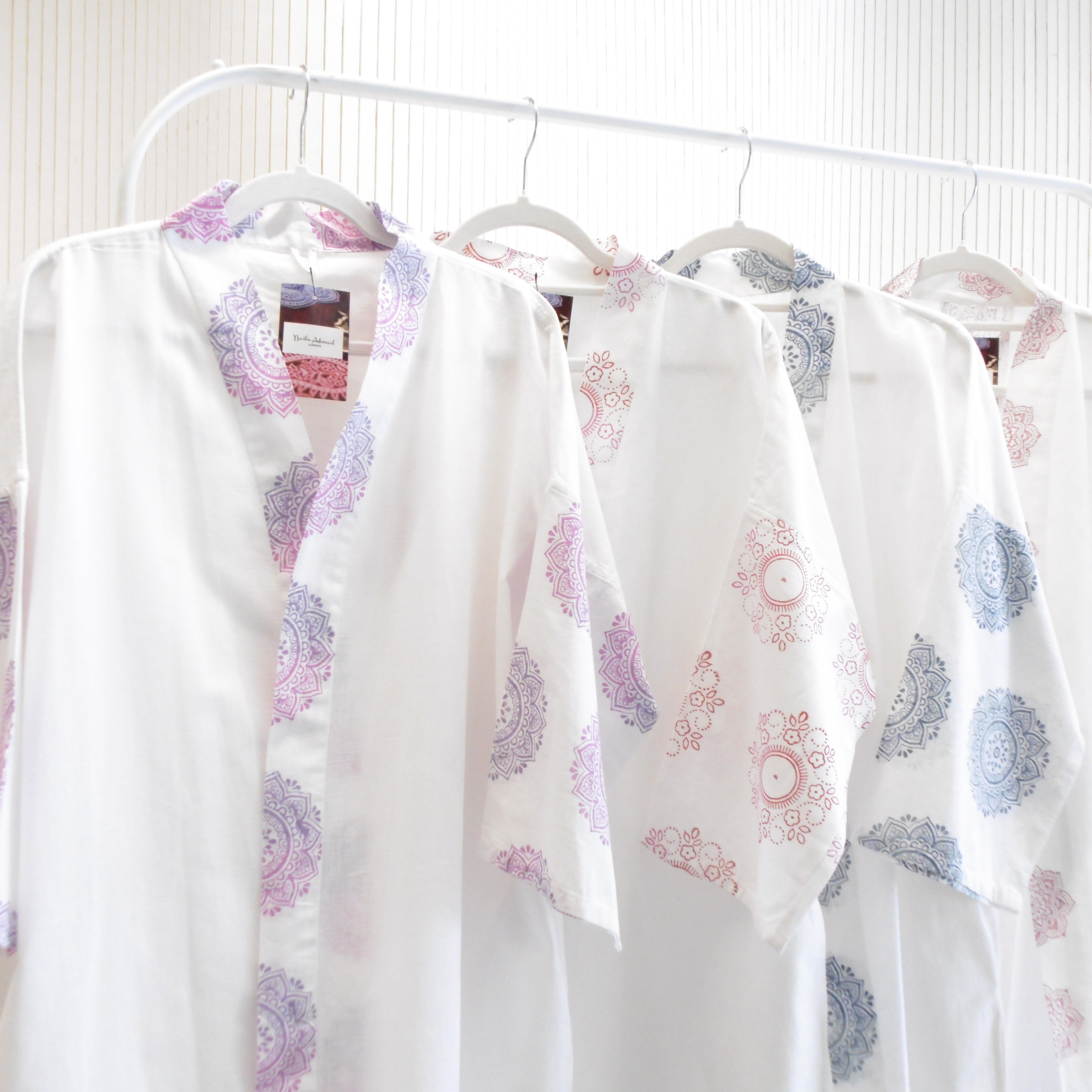 Hand Block Printed White Kimono Style Jacket, Free Size, Subh e Roshan