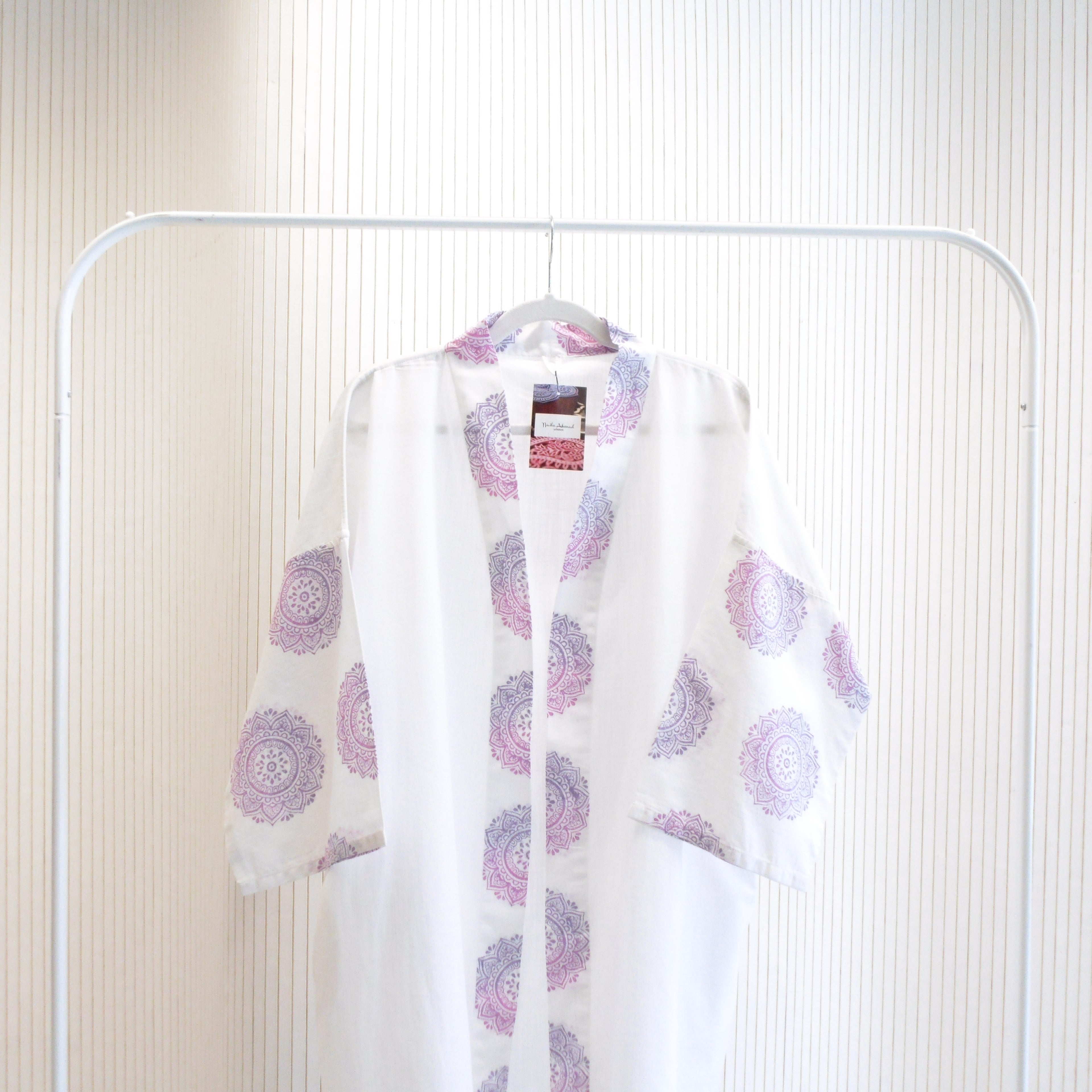 Hand Block Printed White Kimono Style Jacket, Free Size, Subh e Roshan