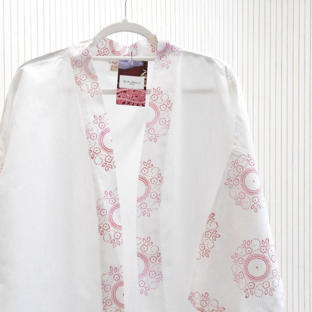 Hand Block Printed White Kimono Style Jacket, Free Size, Subh e Roshan