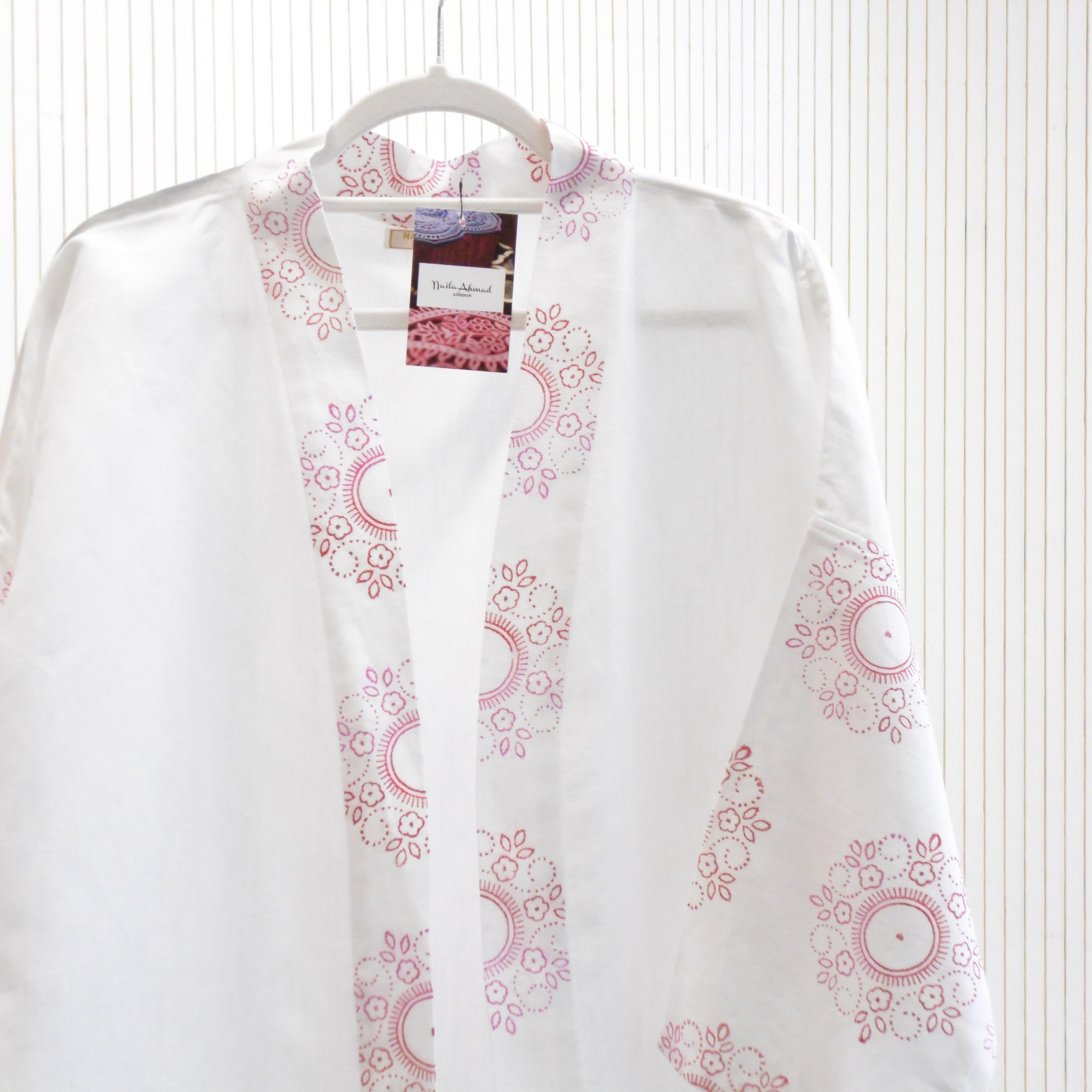 Hand Block Printed White Kimono Style Jacket, Free Size, Subh e Roshan