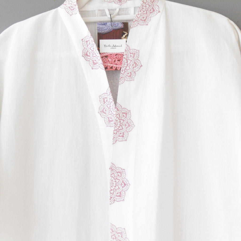 Hand Block Printed White Kimono Style Jacket, Free Size, Subh e Roshan