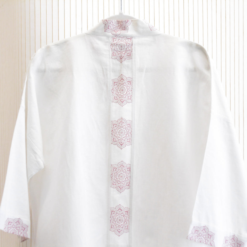Hand Block Printed White Kimono Style Jacket, Free Size, Subh e Roshan