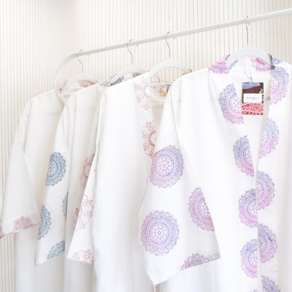 Hand Block Printed White Kimono Style Jacket, Free Size, Subh e Roshan