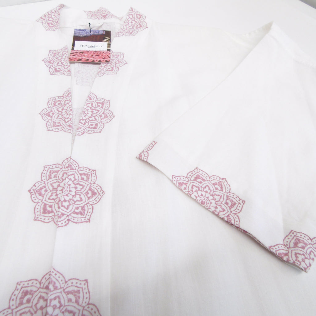 Hand Block Printed White Kimono Style Jacket, Free Size, Subh e Roshan