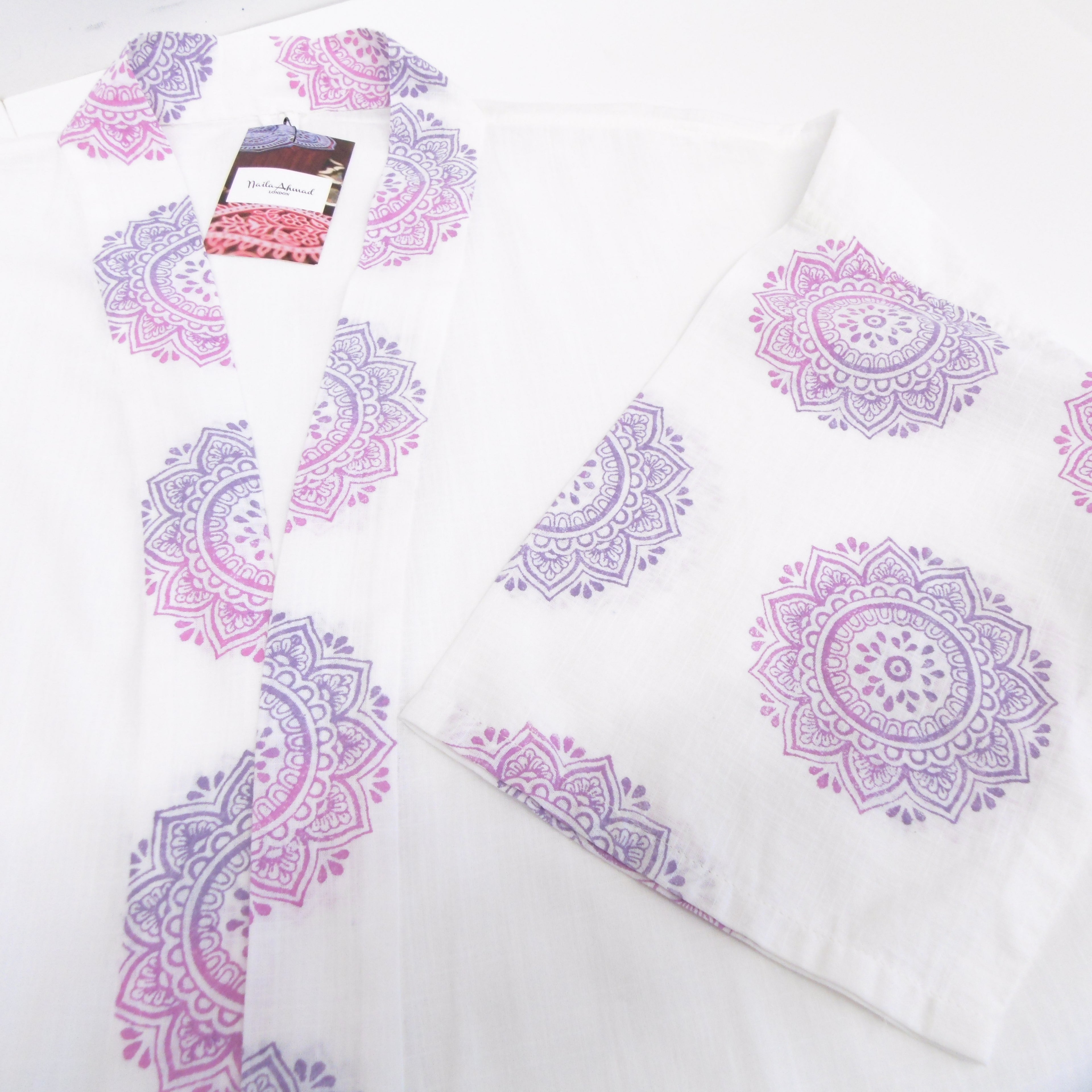 Hand Block Printed White Kimono Style Jacket, Free Size, Subh e Roshan
