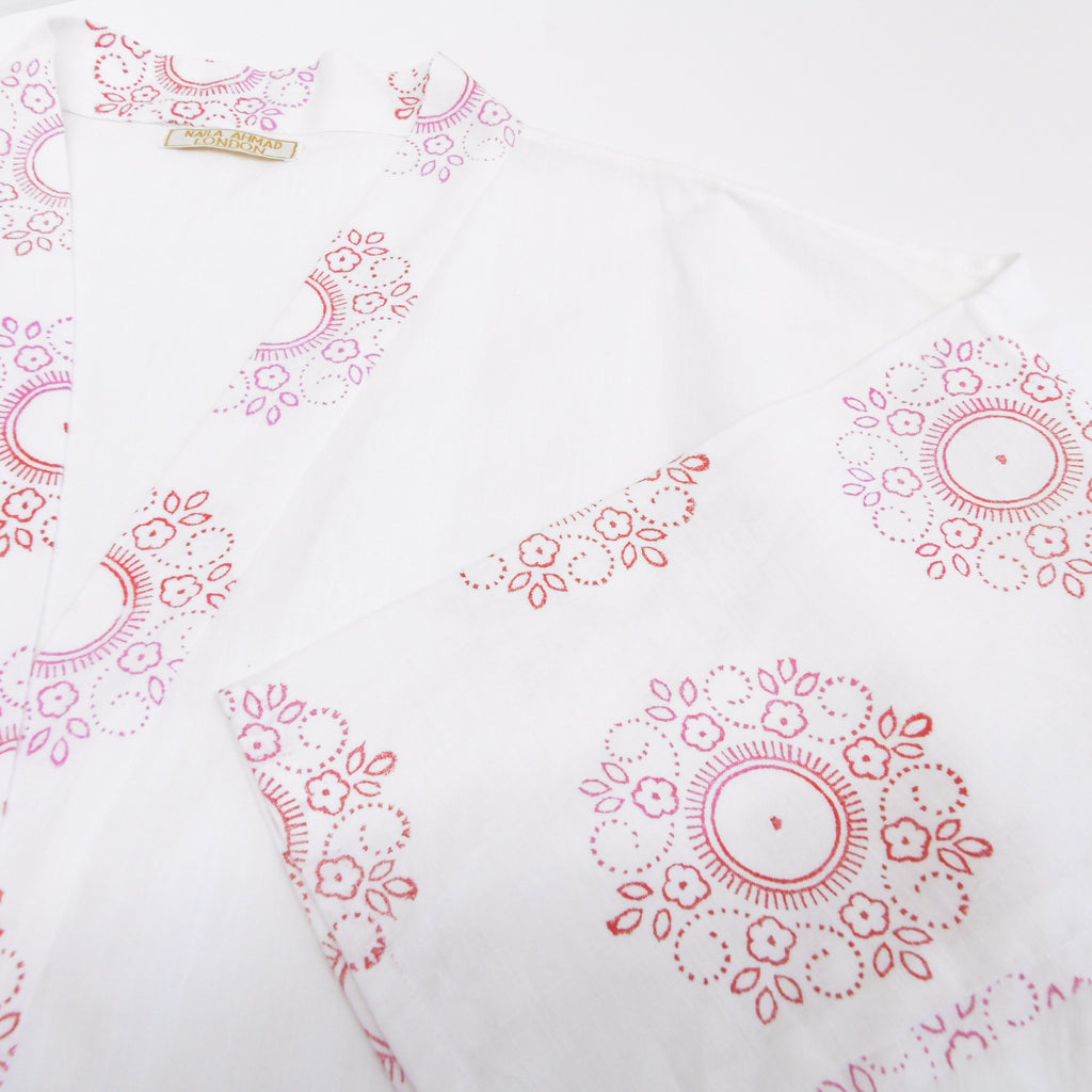 Hand Block Printed White Kimono Style Jacket, Free Size, Subh e Roshan