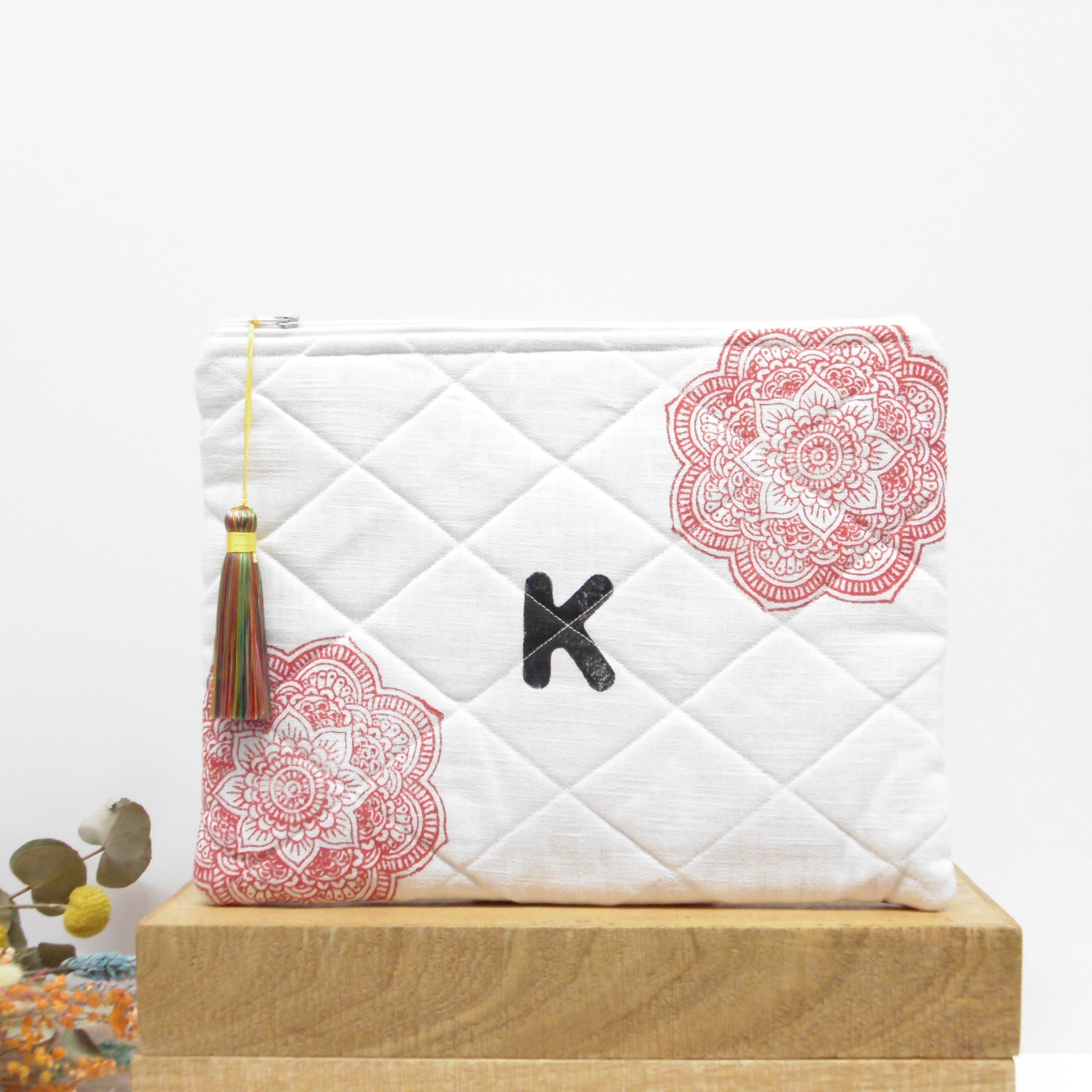 Quilted Alphabet Pouch - Handblock Printed - Silky Tassel - Rang Potli