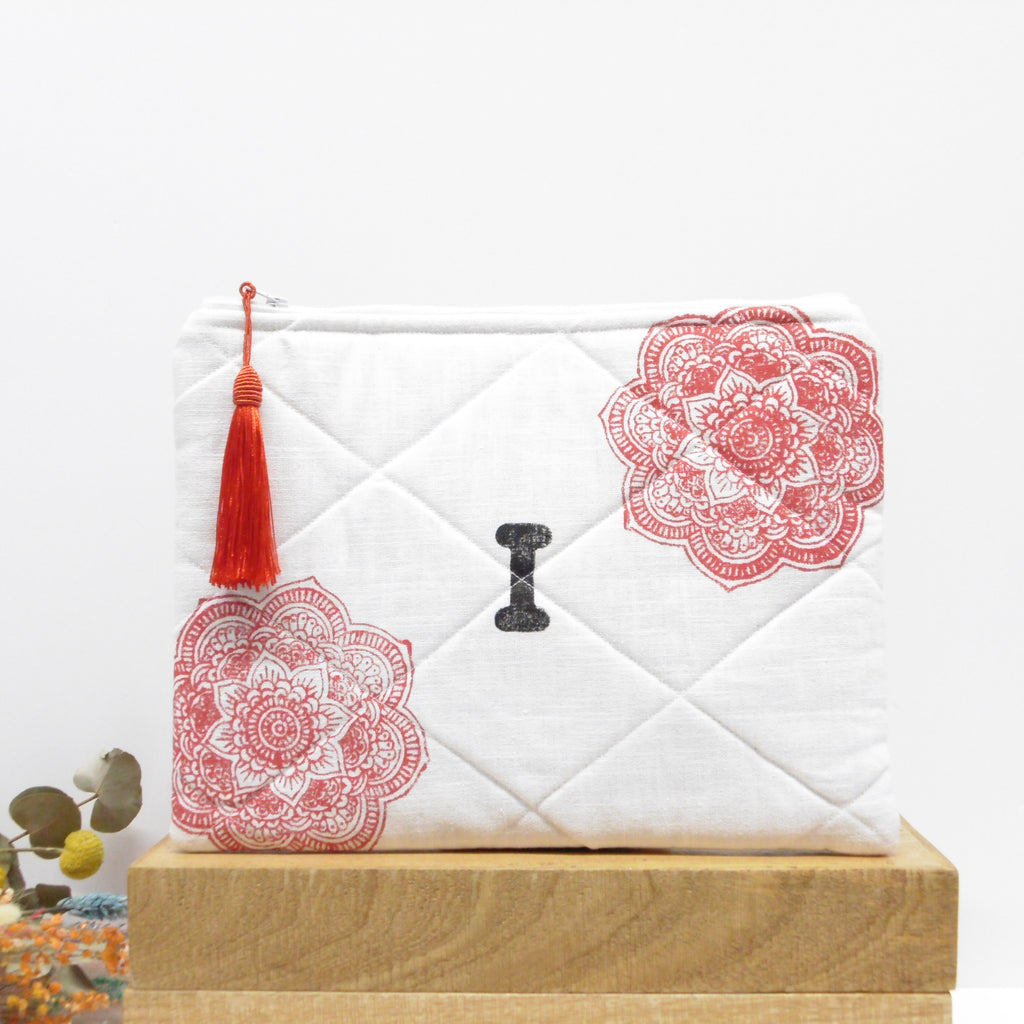 Quilted Alphabet Pouch - Handblock Printed - Silky Tassel - Rang Potli
