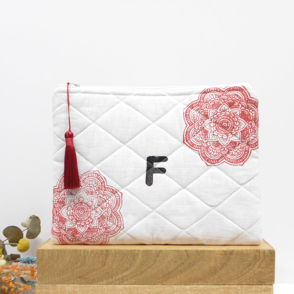 Quilted Alphabet Pouch - Handblock Printed - Silky Tassel - Rang Potli