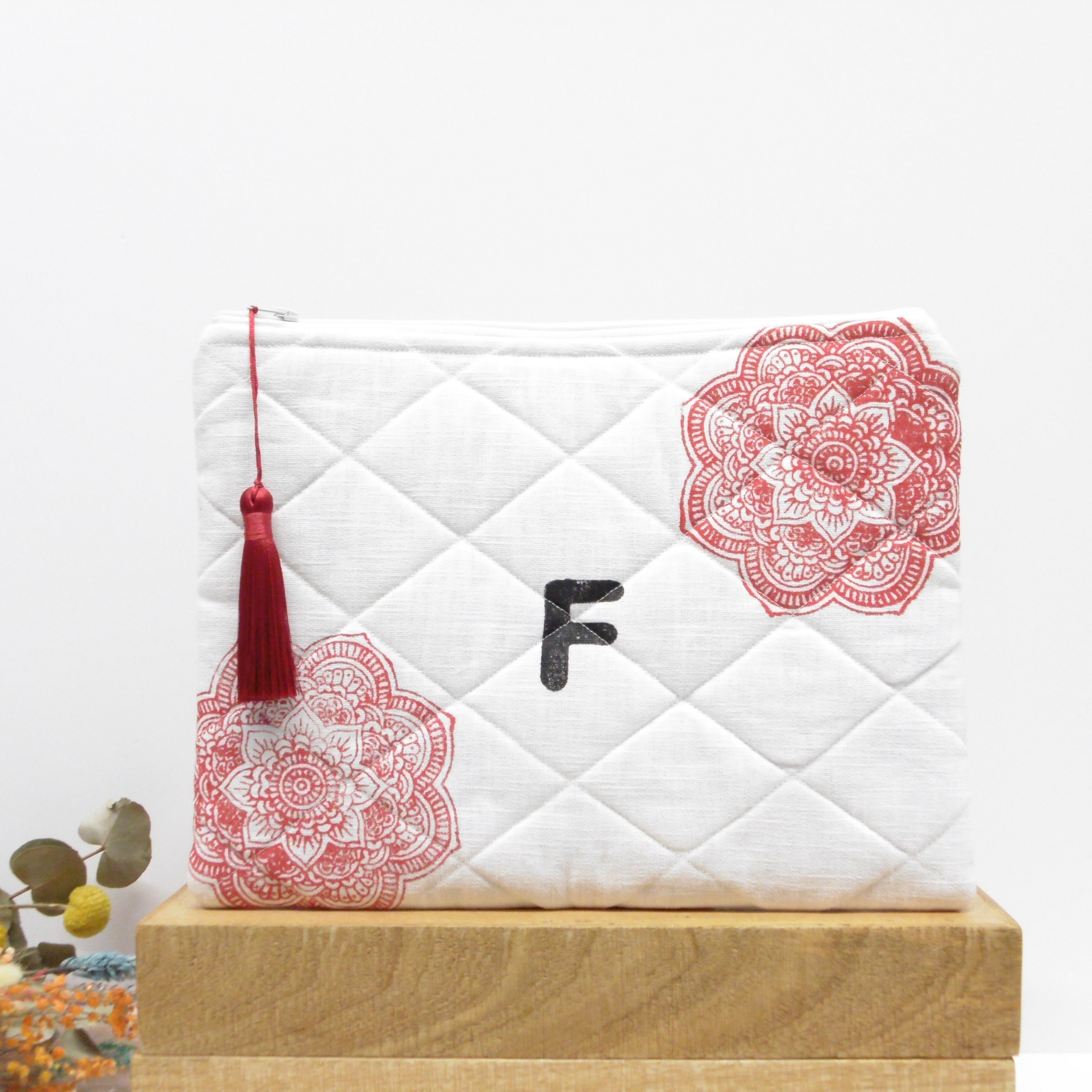 Quilted Alphabet Pouch - Handblock Printed - Silky Tassel - Rang Potli