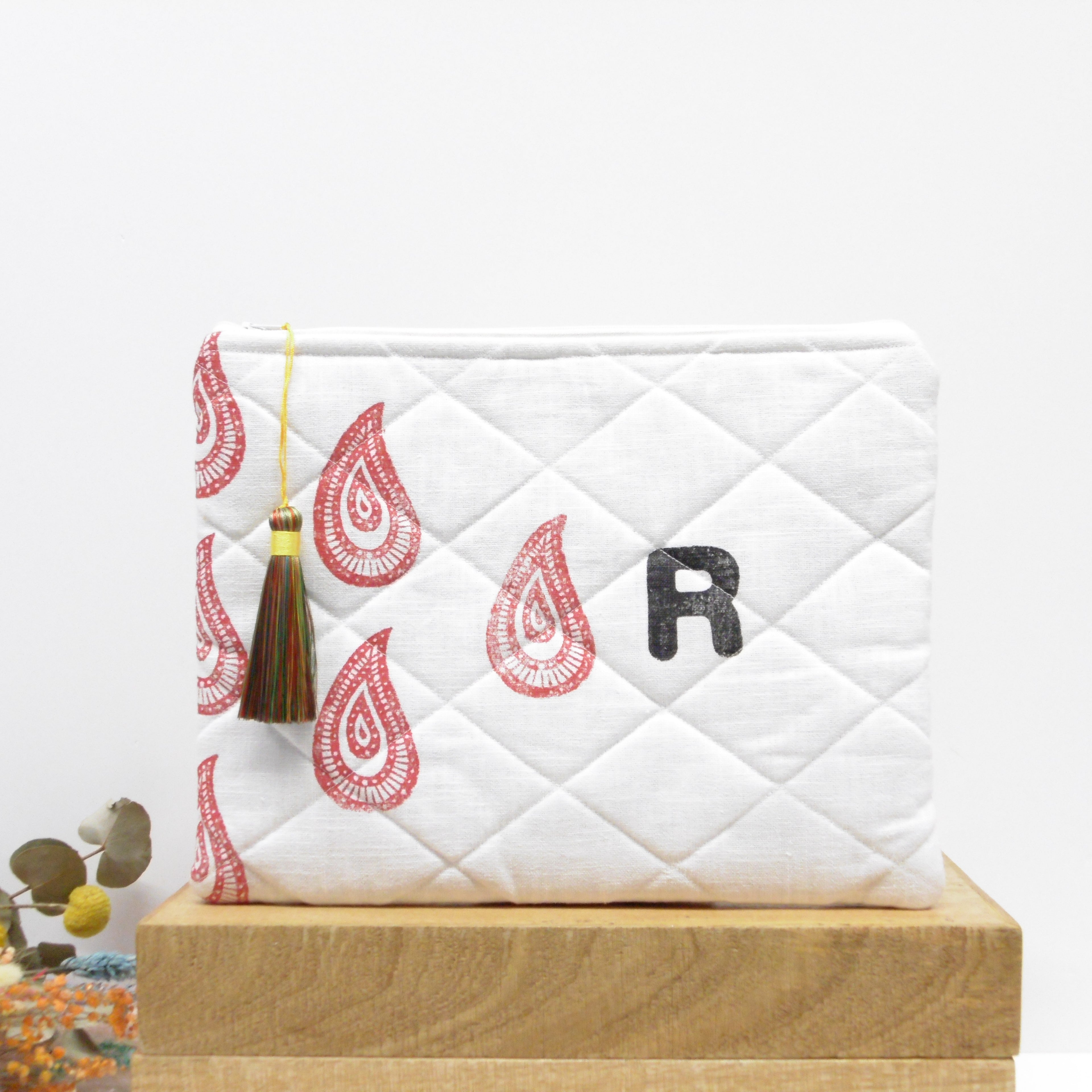Quilted Alphabet Pouch - Handblock Printed - Silky Tassel - Rang Potli