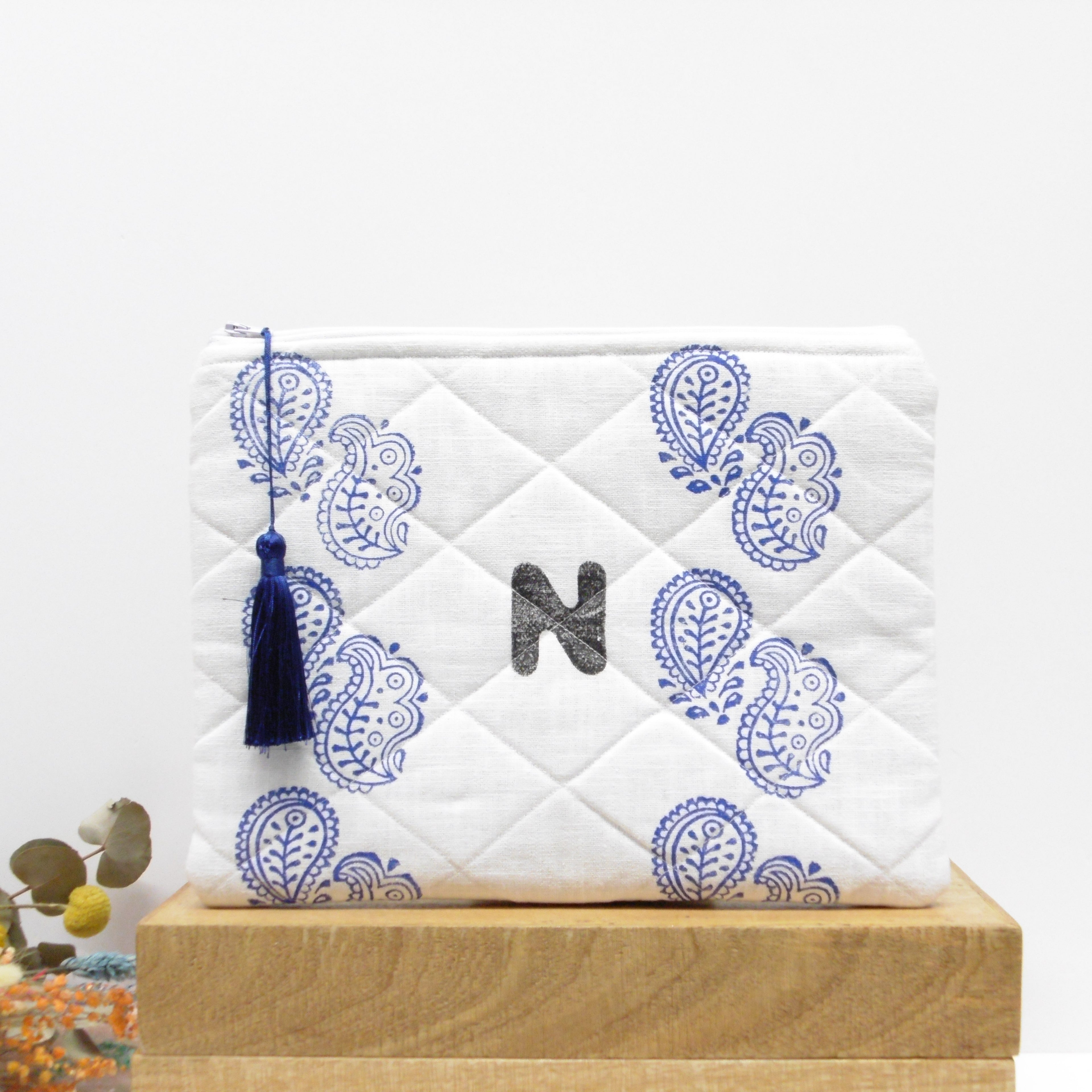 Quilted Alphabet Pouch - Handblock Printed - Silky Tassel - Rang Potli