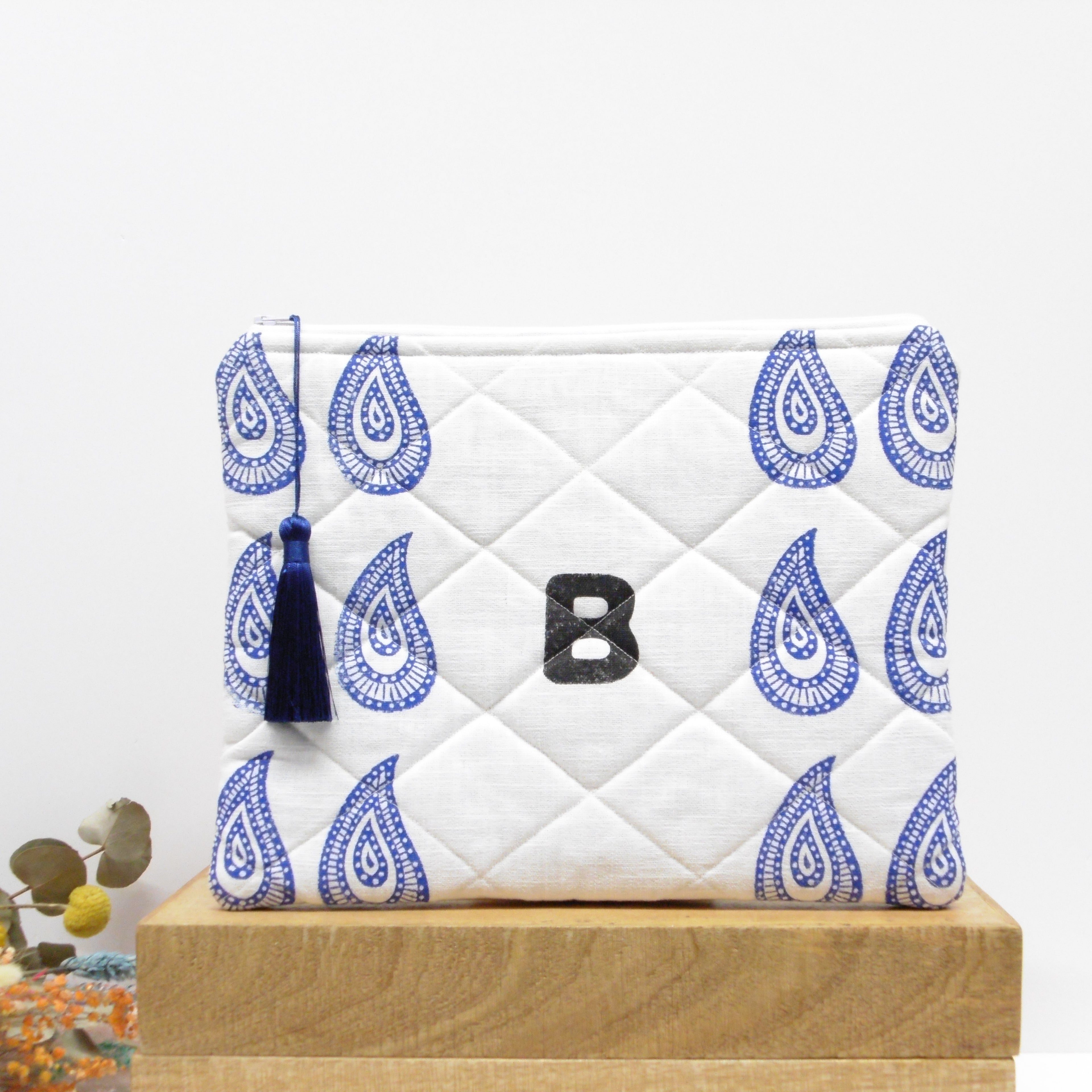 Quilted Alphabet Pouch - Handblock Printed - Silky Tassel - Rang Potli