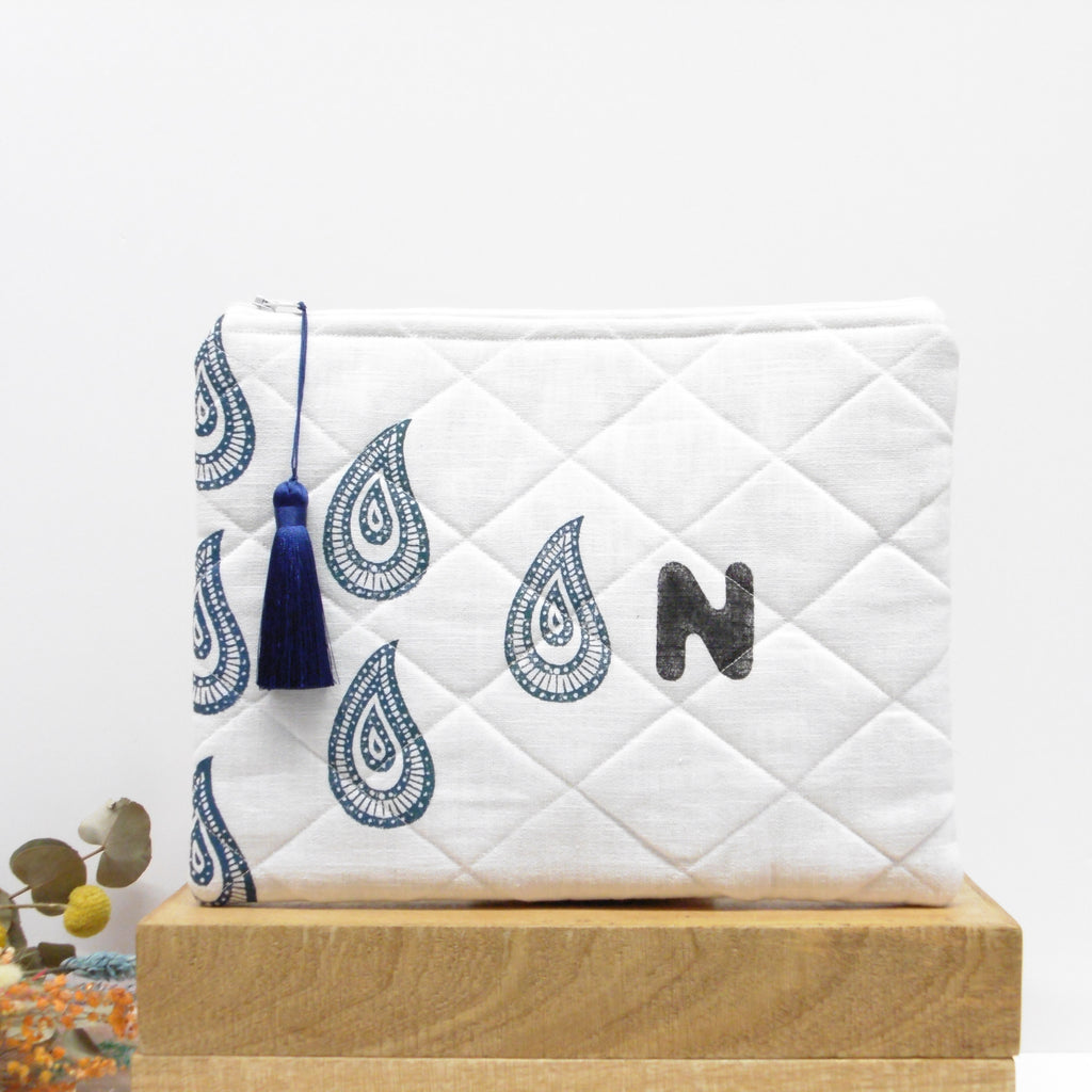 Quilted Alphabet Pouch - Handblock Printed - Silky Tassel - Rang Potli