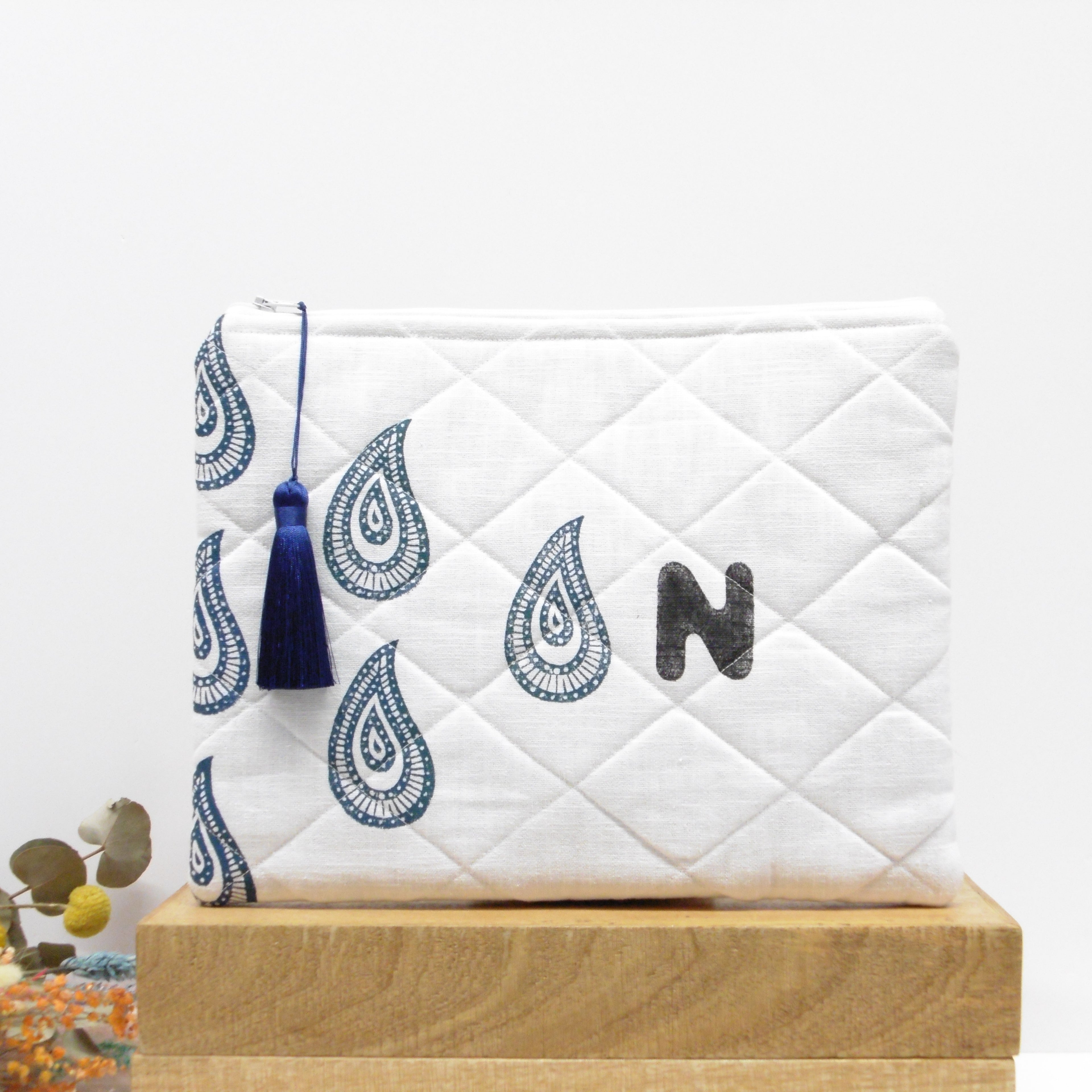 Quilted Alphabet Pouch - Handblock Printed - Silky Tassel - Rang Potli