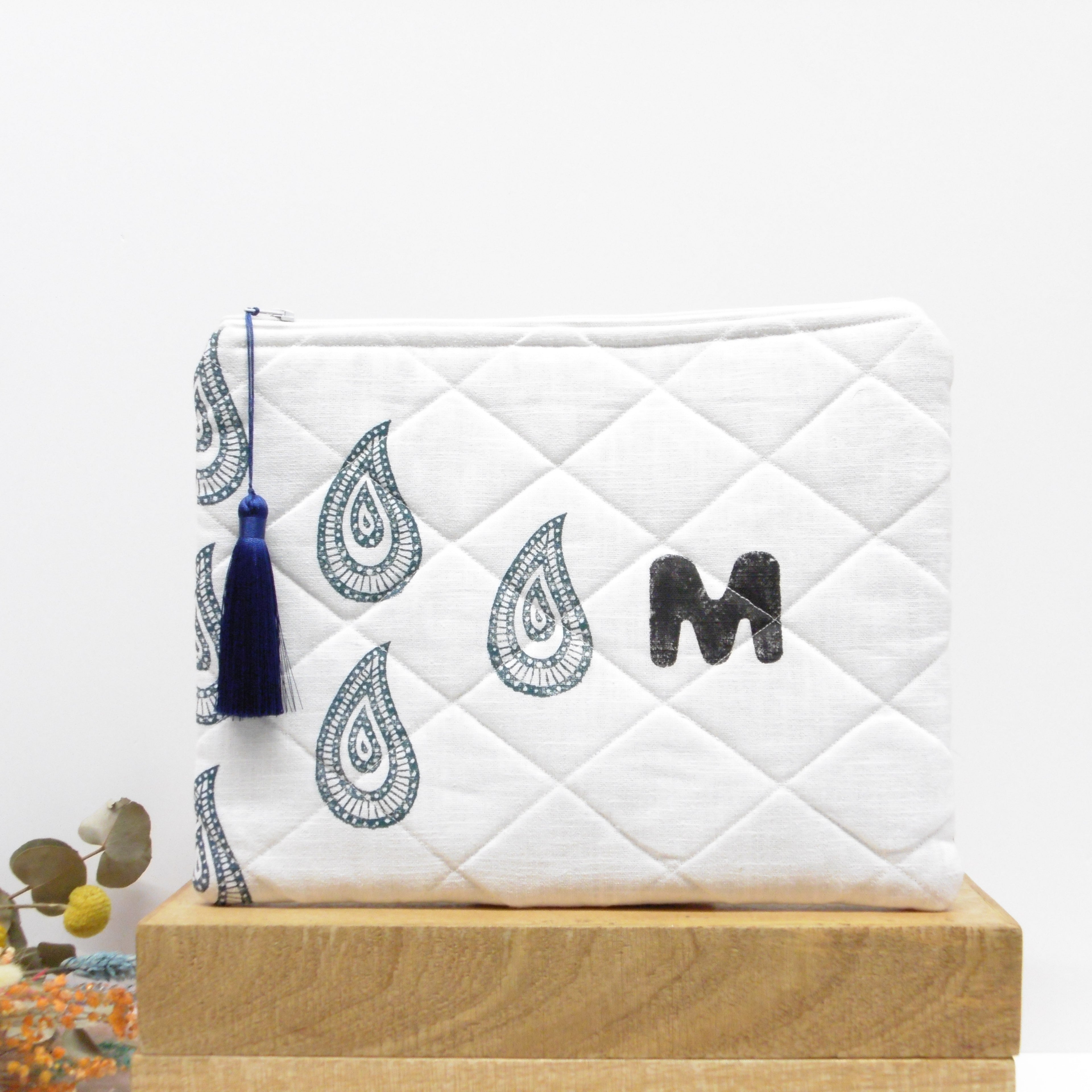 Quilted Alphabet Pouch - Handblock Printed - Silky Tassel - Rang Potli