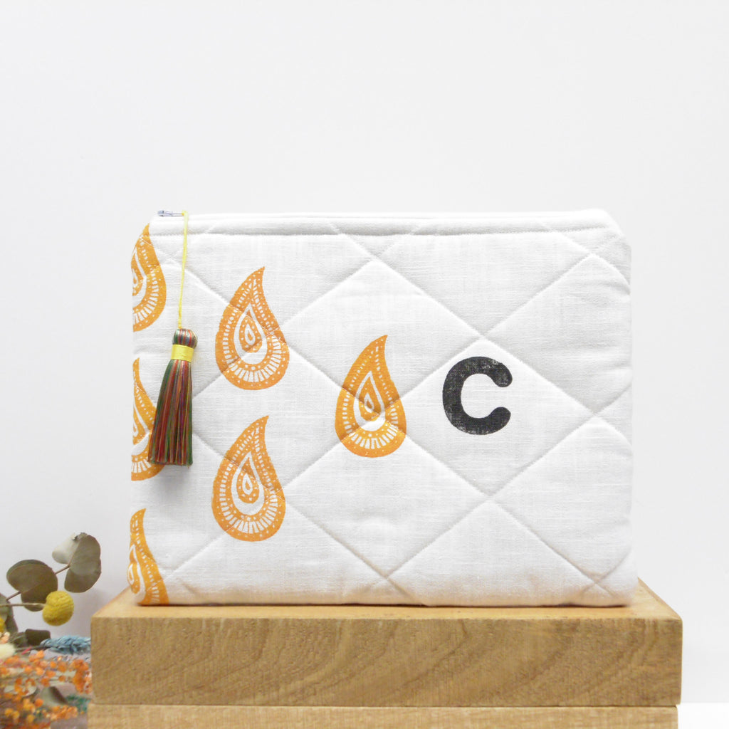 Quilted Alphabet Pouch - Handblock Printed - Silky Tassel - Rang Potli