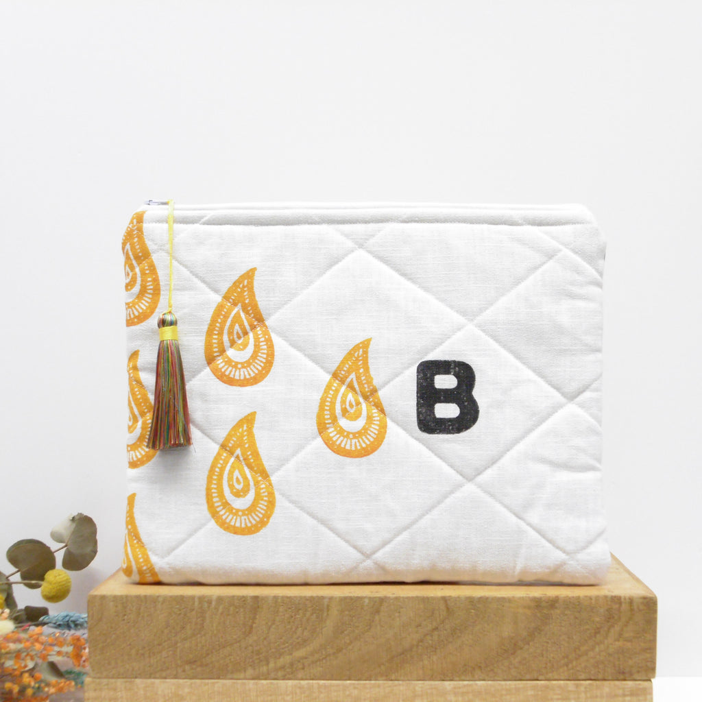 Quilted Alphabet Pouch - Handblock Printed - Silky Tassel - Rang Potli