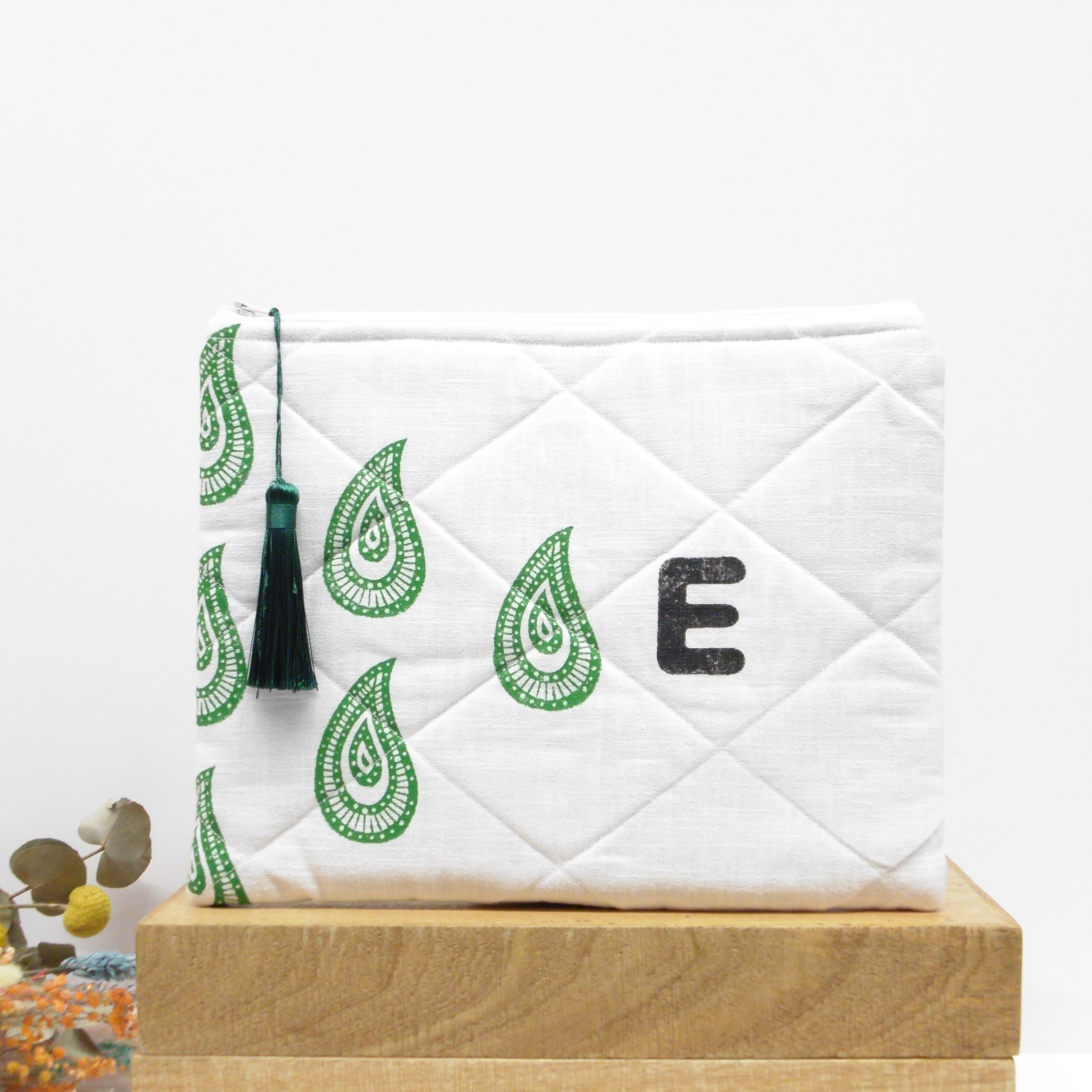 Quilted Alphabet Pouch - Handblock Printed - Silky Tassel - Rang Potli