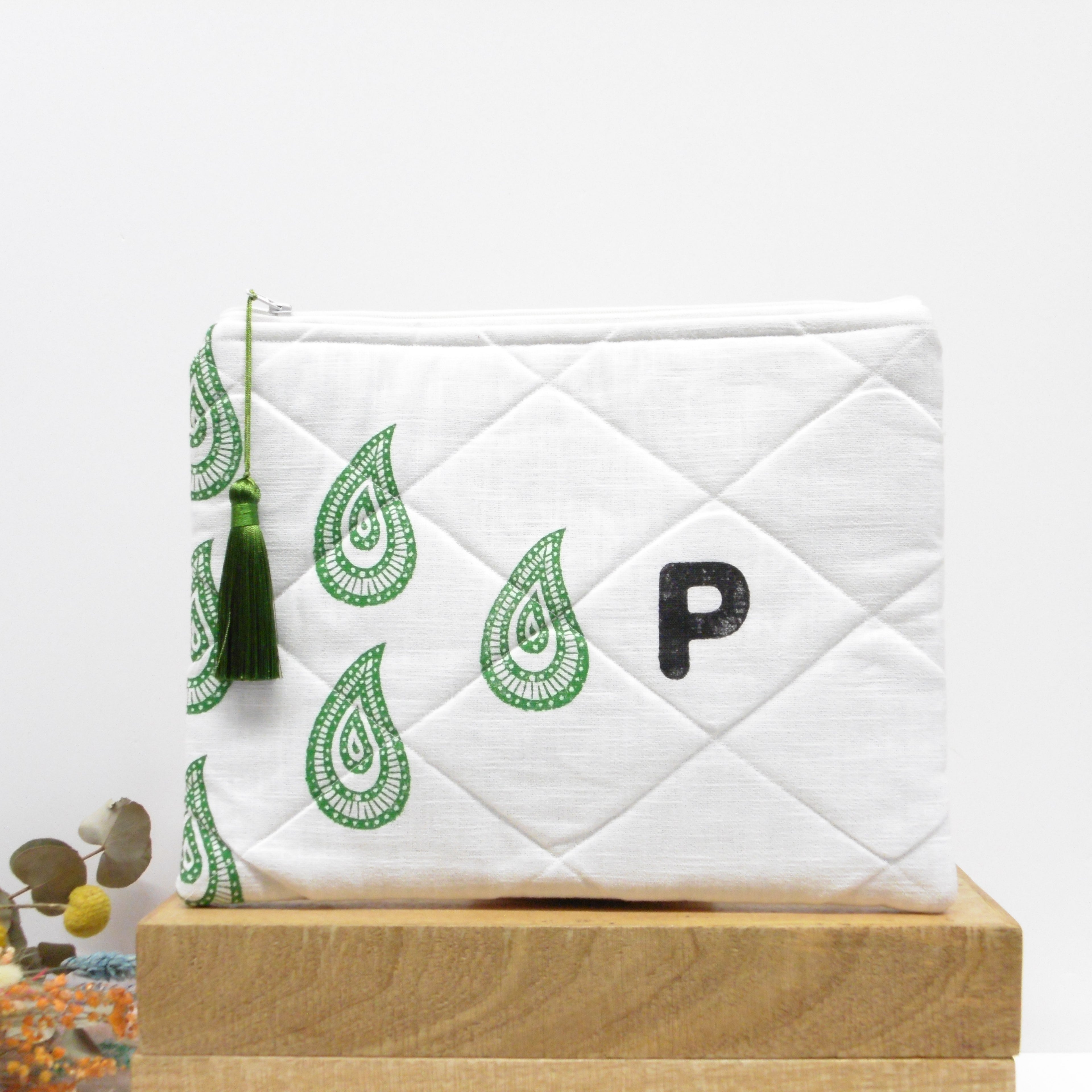 Quilted Alphabet Pouch - Handblock Printed - Silky Tassel - Rang Potli