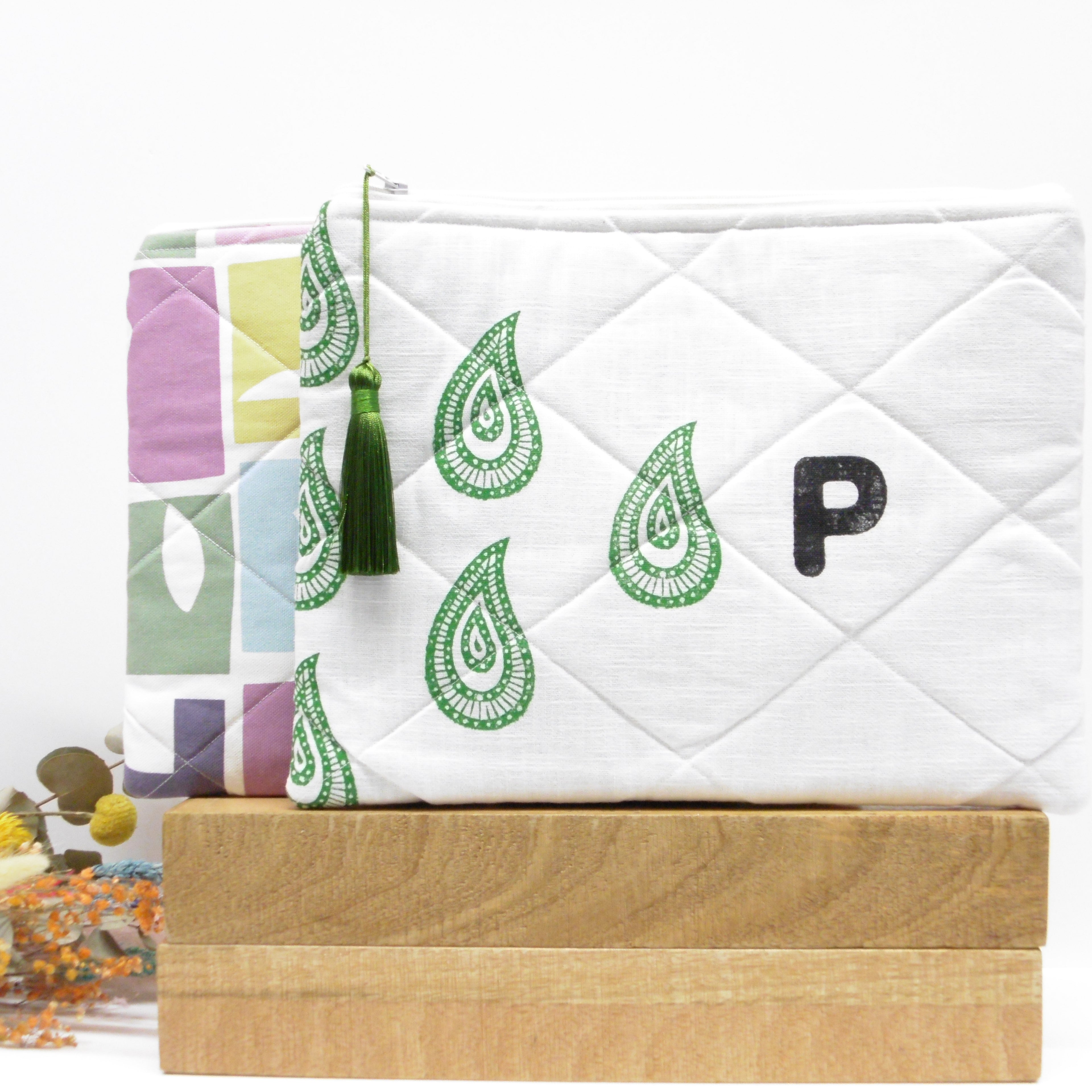 Quilted Alphabet Pouch - Handblock Printed - Silky Tassel - Rang Potli