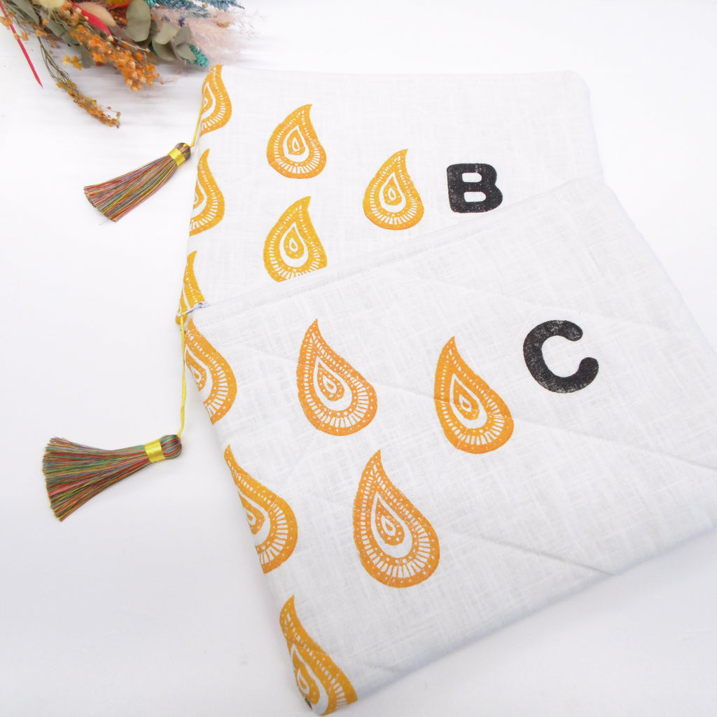 Quilted Alphabet Pouch - Handblock Printed - Silky Tassel - Rang Potli