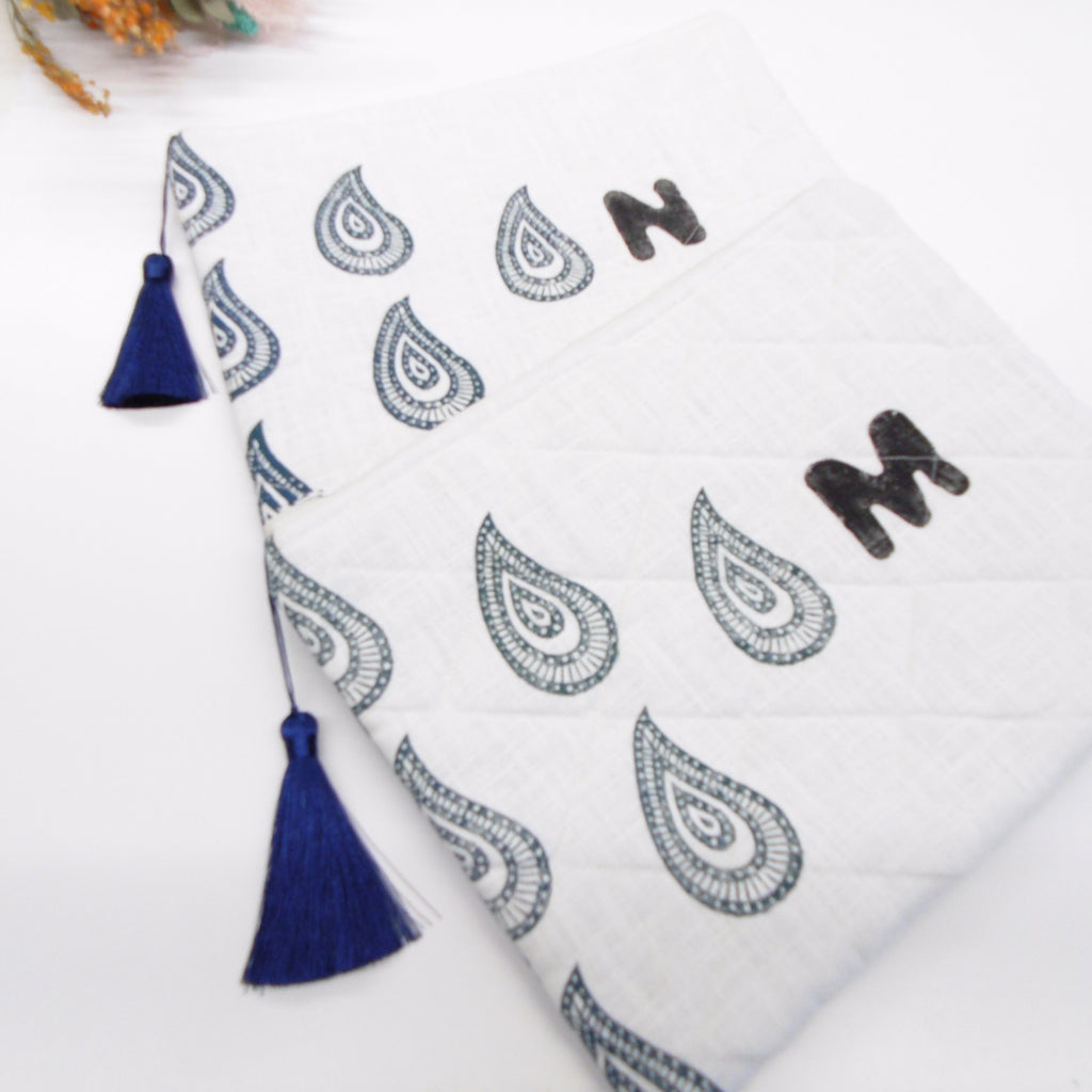 Quilted Alphabet Pouch - Handblock Printed - Silky Tassel - Rang Potli