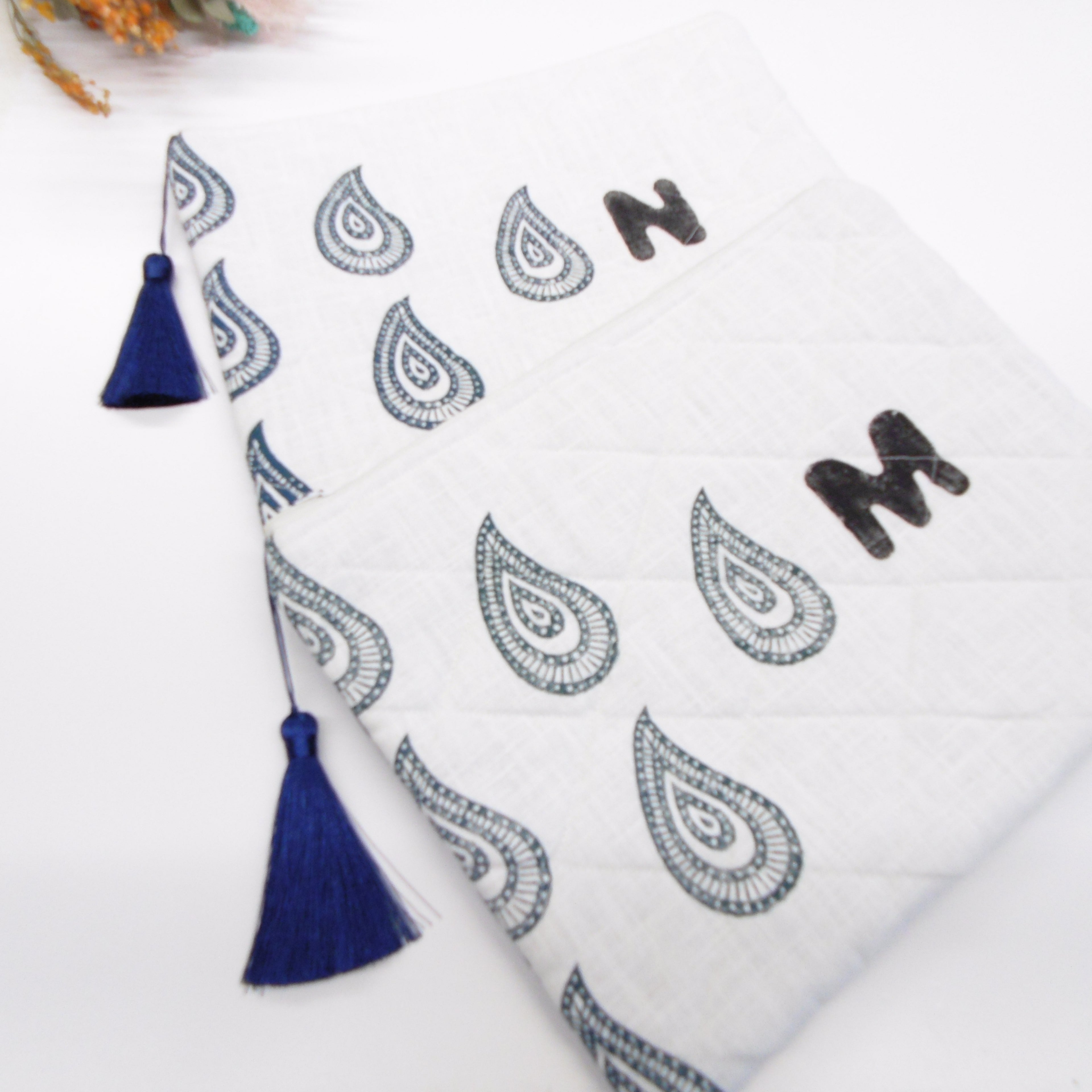 Quilted Alphabet Pouch - Handblock Printed - Silky Tassel - Rang Potli
