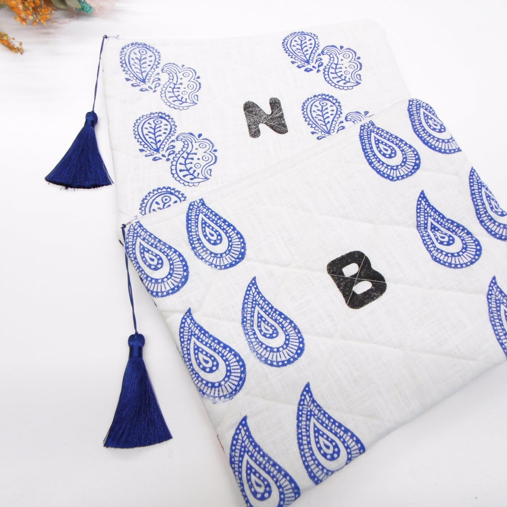 Quilted Alphabet Pouch - Handblock Printed - Silky Tassel - Rang Potli