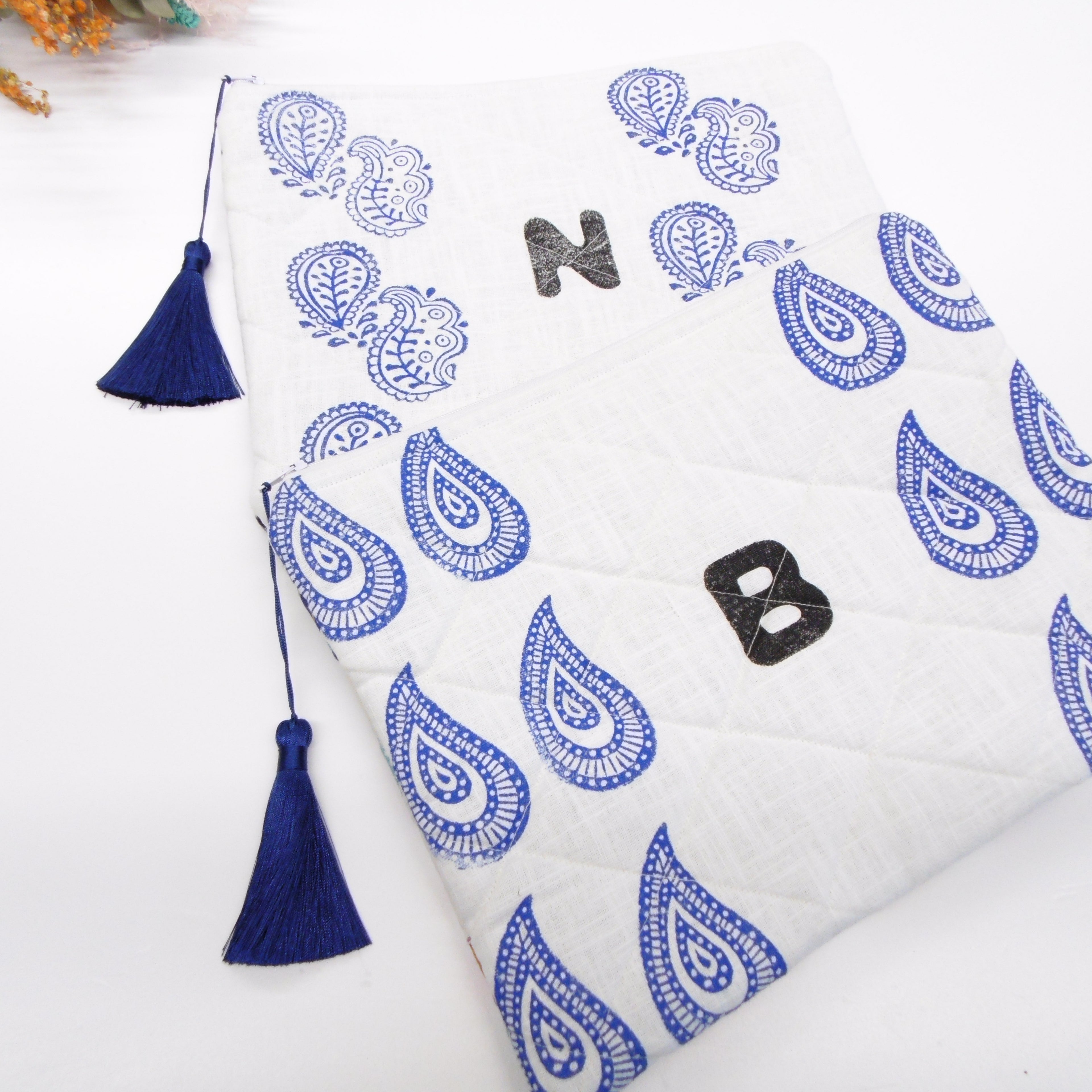 Quilted Alphabet Pouch - Handblock Printed - Silky Tassel - Rang Potli